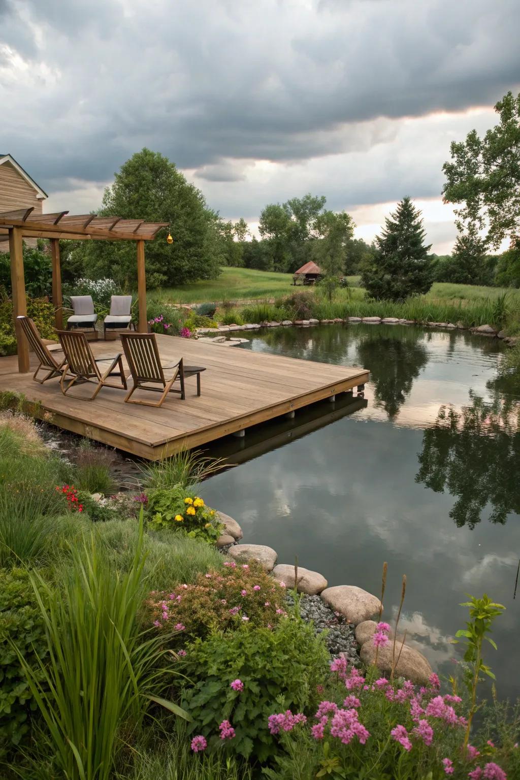 A cozy wooden deck offers a perfect viewing spot over a pond.