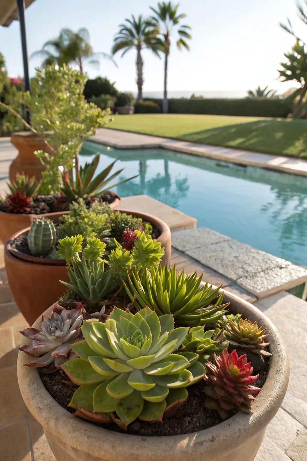 Enjoy low-maintenance beauty with poolside succulents.