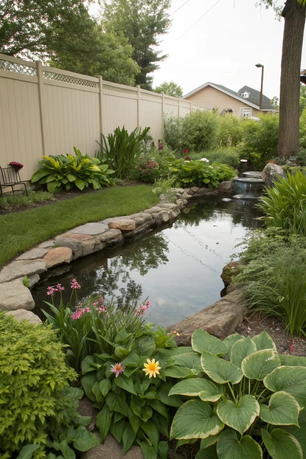 A small pond adds a soothing sound and a touch of nature to your side yard.