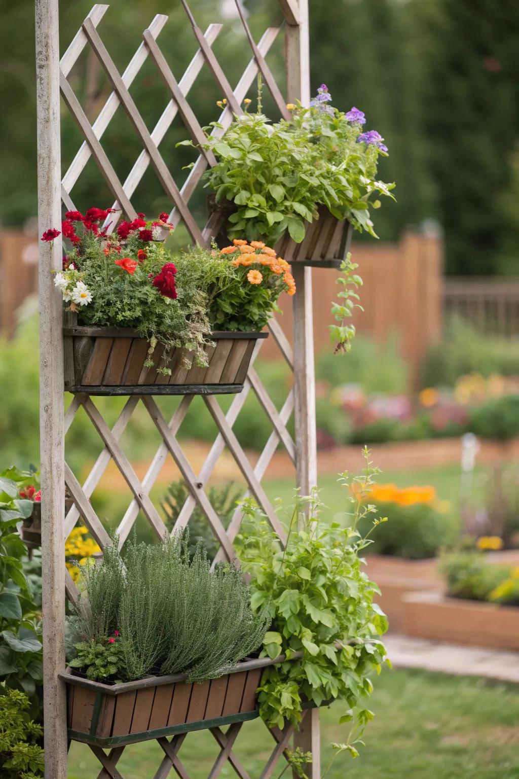 A vertical garden solution using lattice for lush, space-saving greenery.