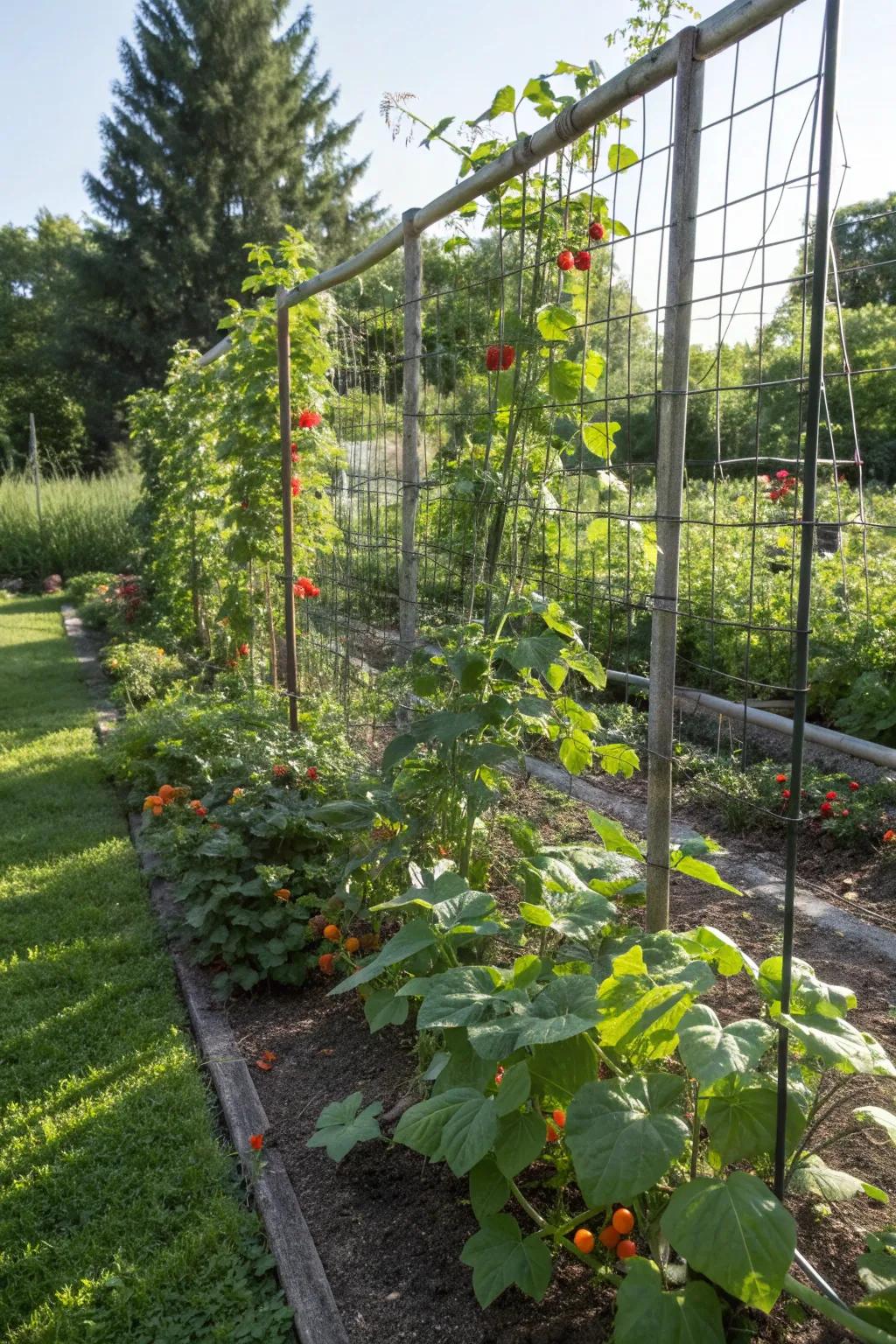Metal lattice provides strong support for growing vegetables.