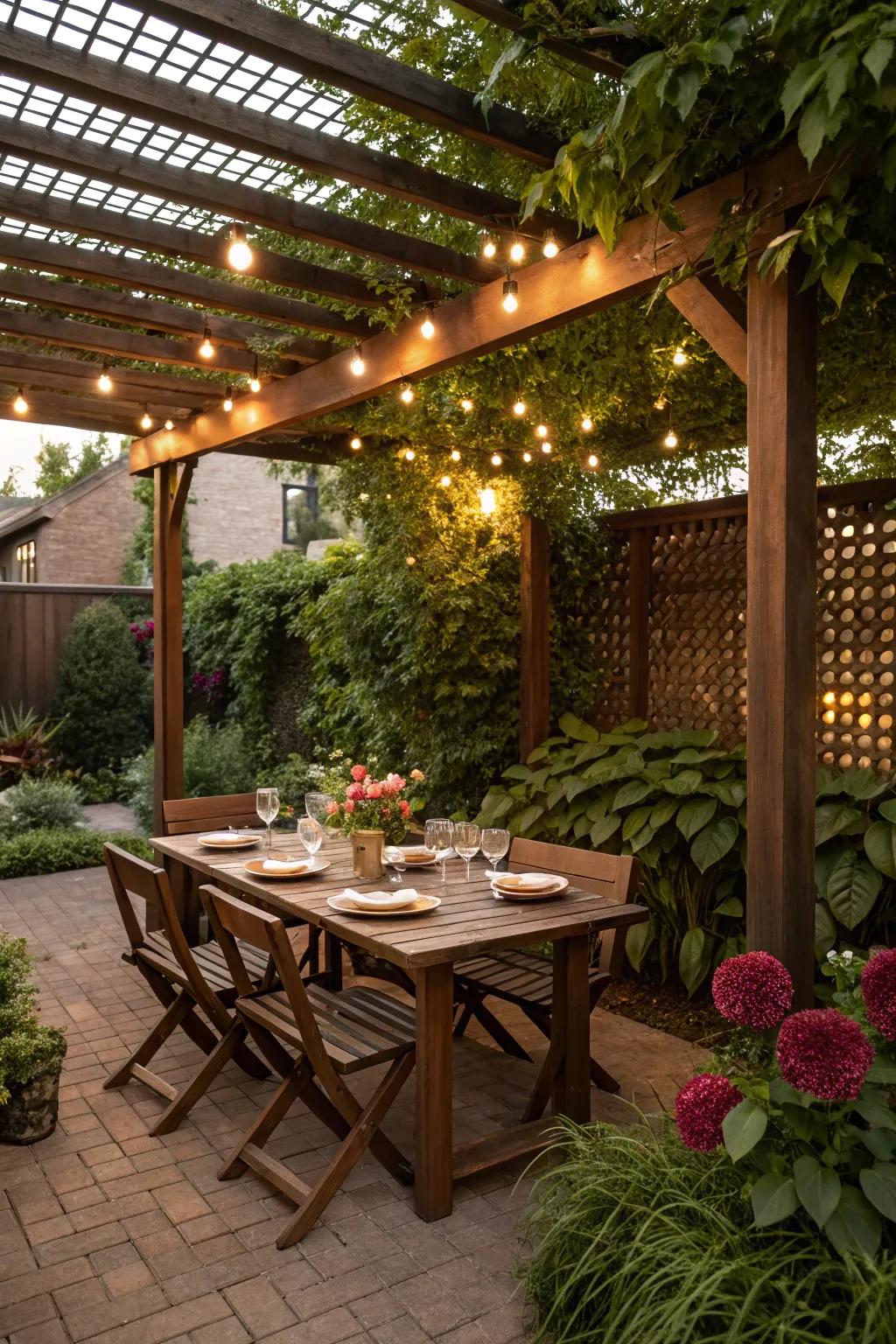 An inviting dining area under a beautifully crafted lattice pergola.