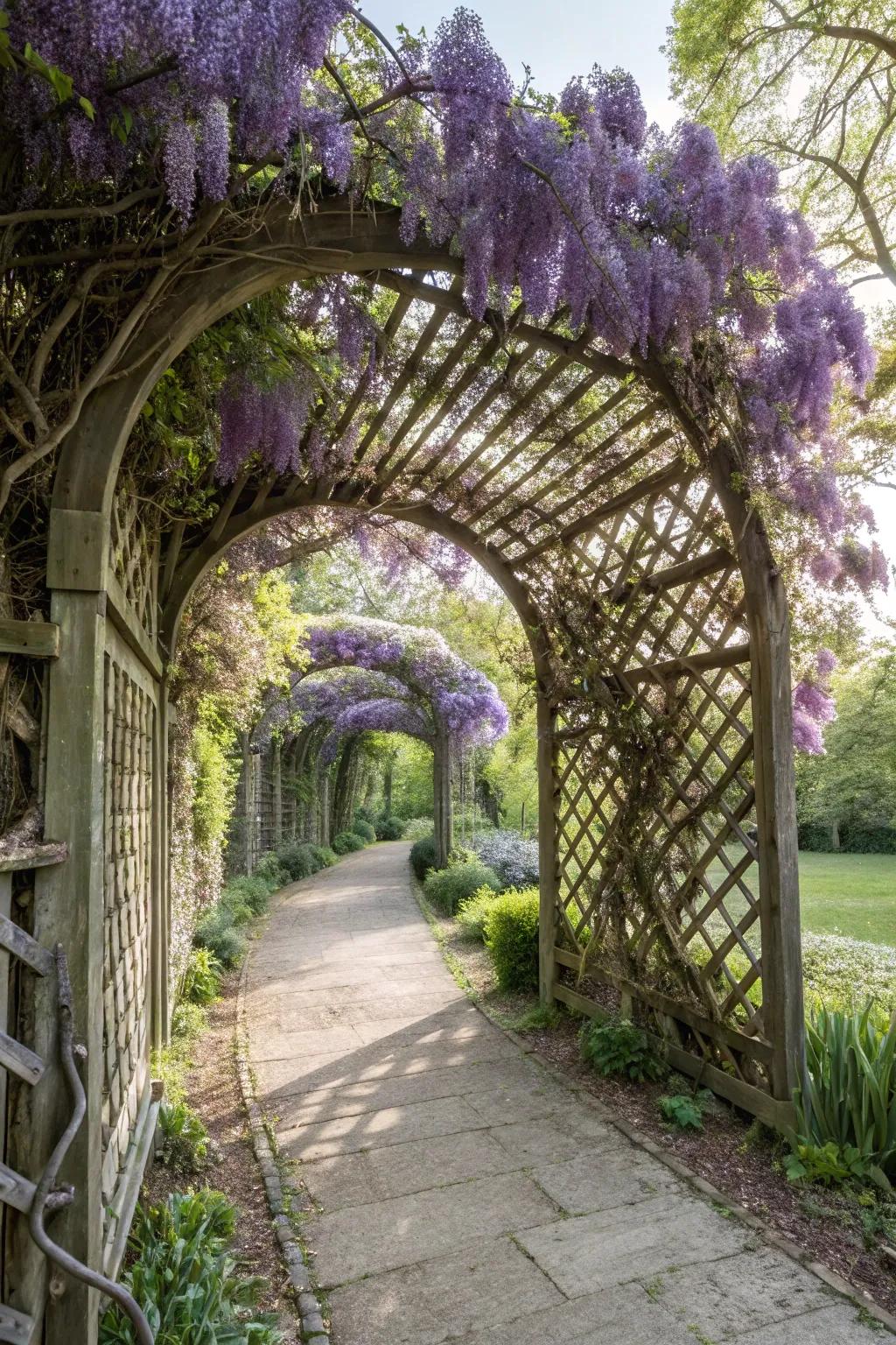 A romantic lattice trellis archway with wisteria.