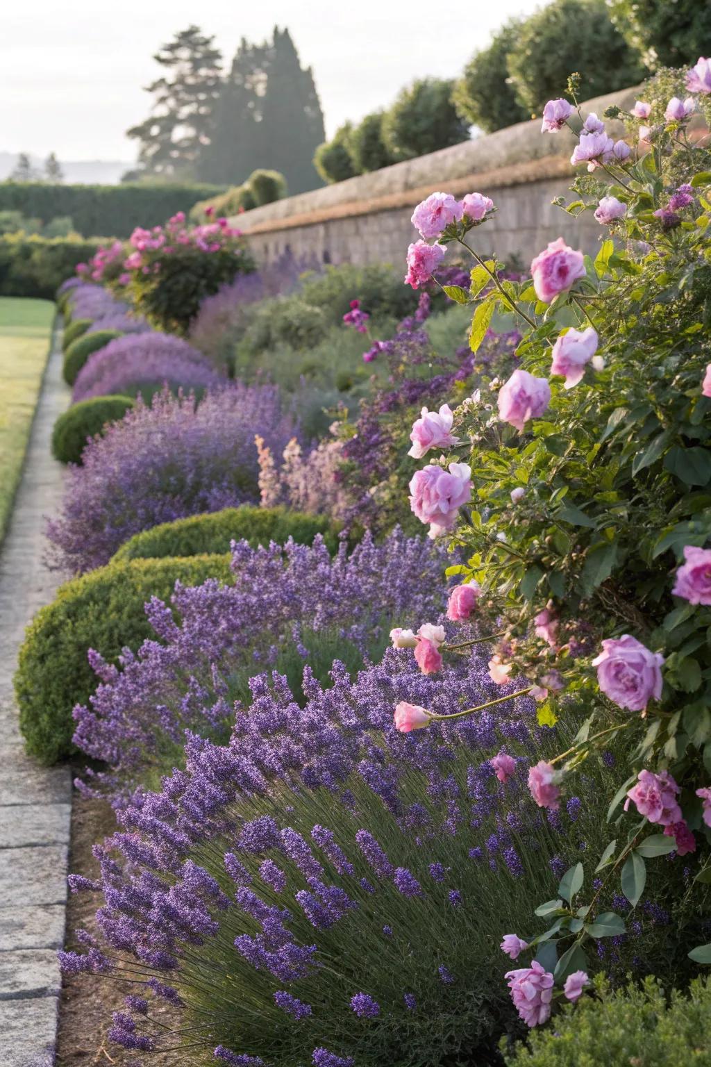 Lavender and roses create a romantic garden duo.