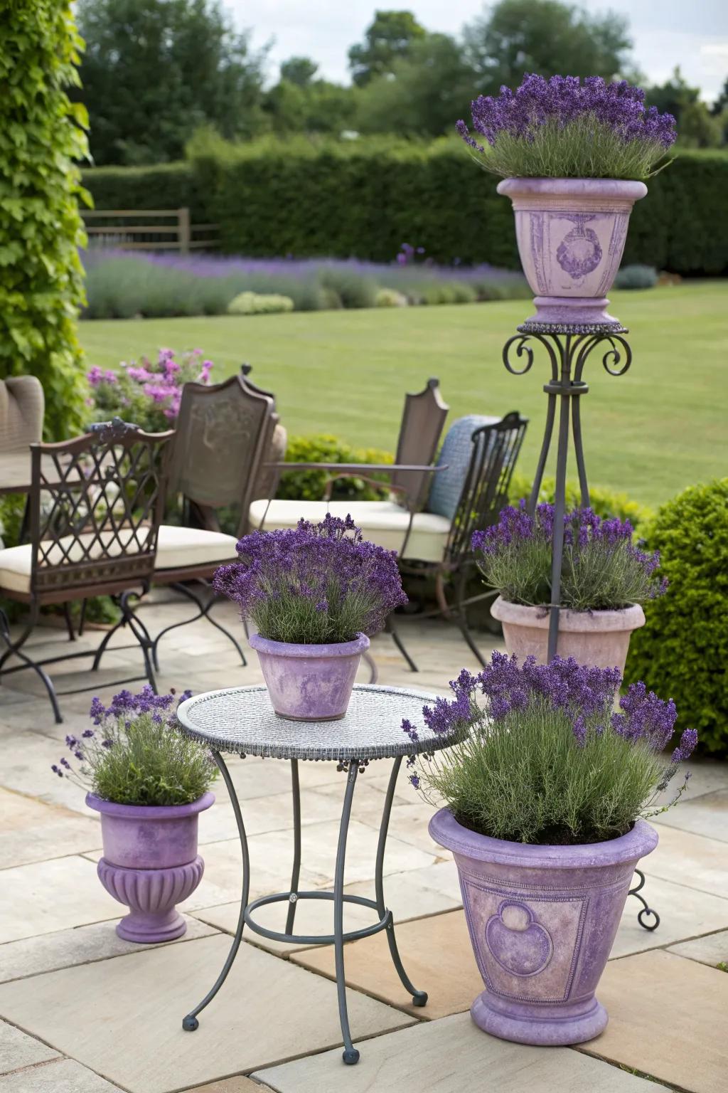 Elevated lavender pots adding dimension to the patio.
