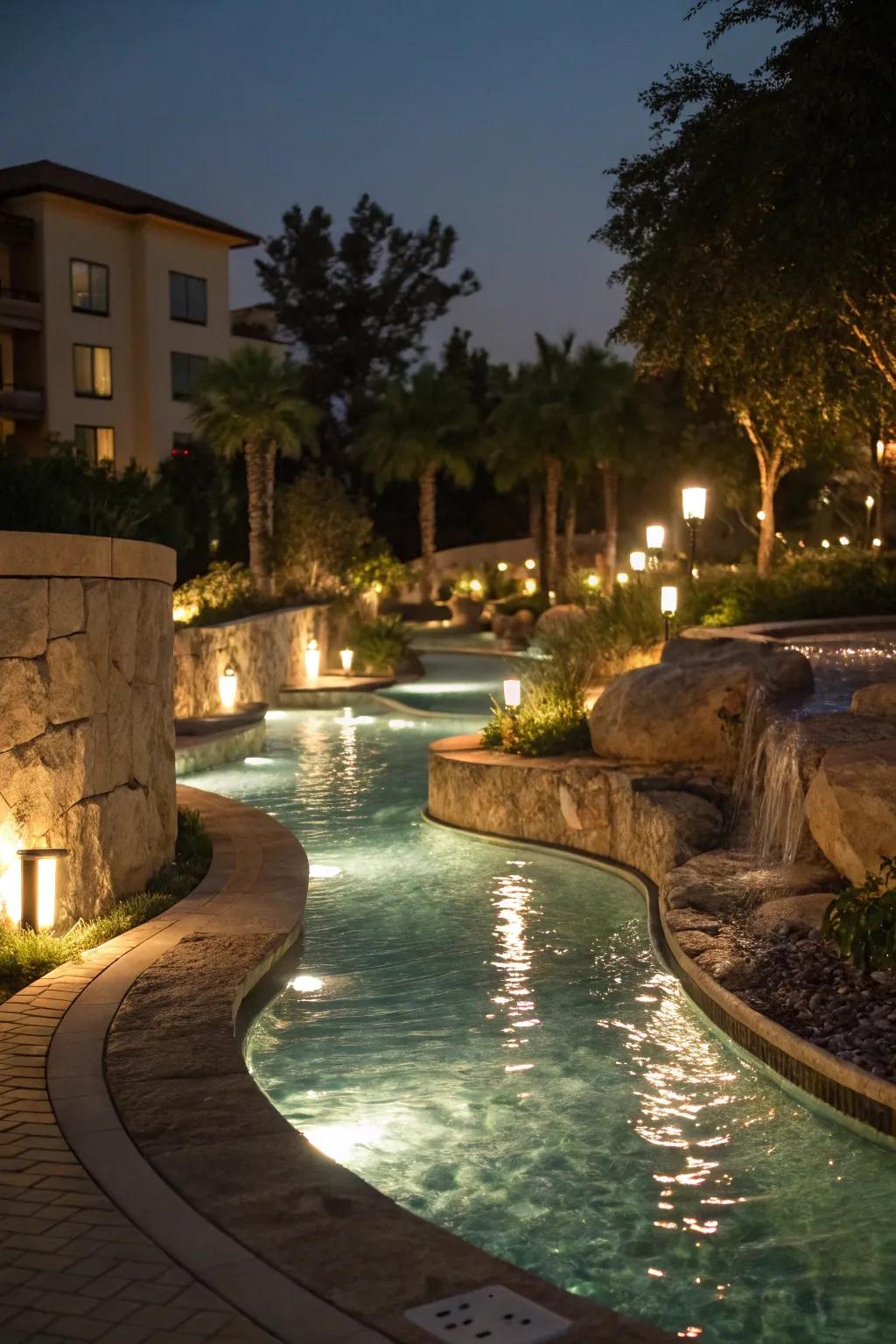A lazy river pool glowing with enchanting accent lighting, offering a magical nighttime allure.