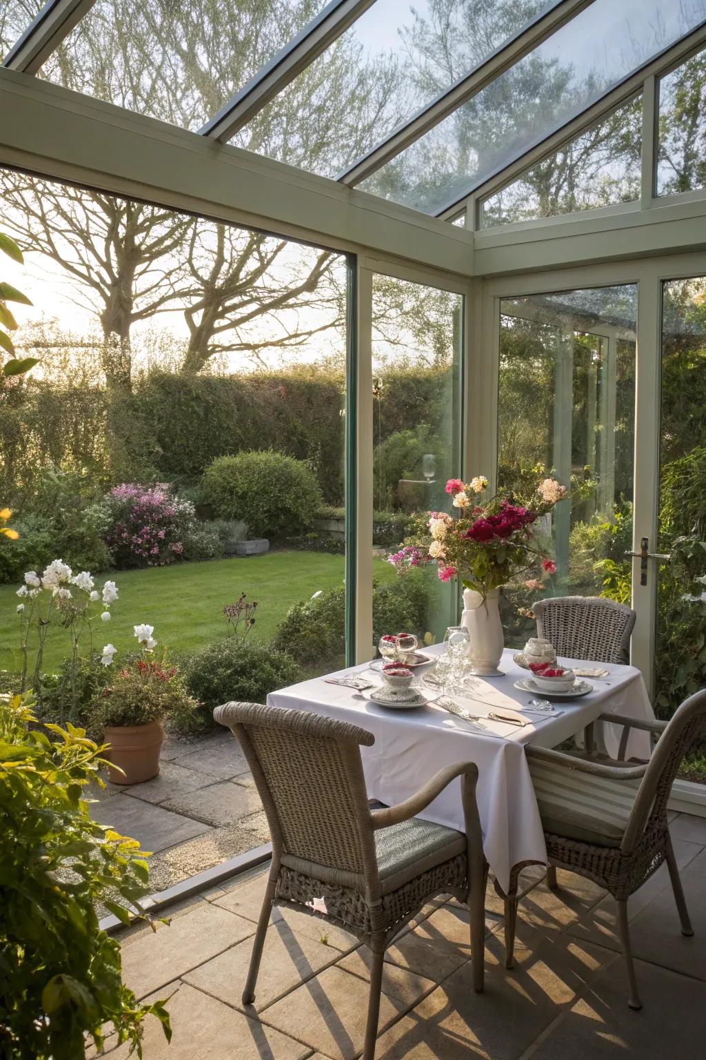 Dining with a delightful garden view in a lean-to conservatory.
