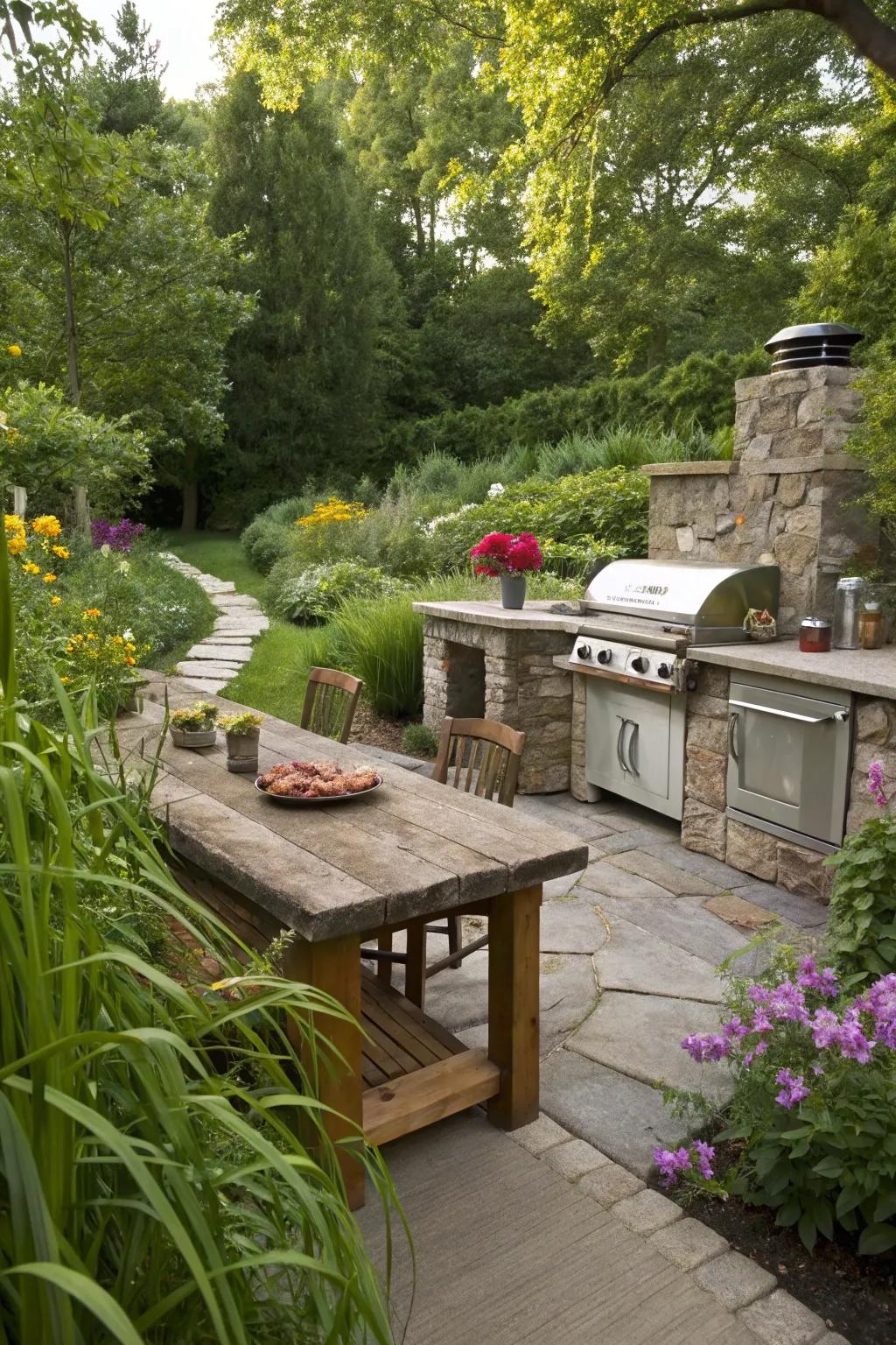 A charming outdoor kitchen integrated with a garden.