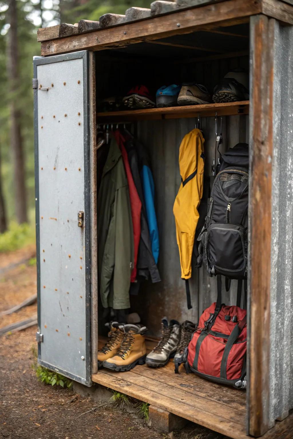 Outdoor gear neatly stored in a lean-to locker.