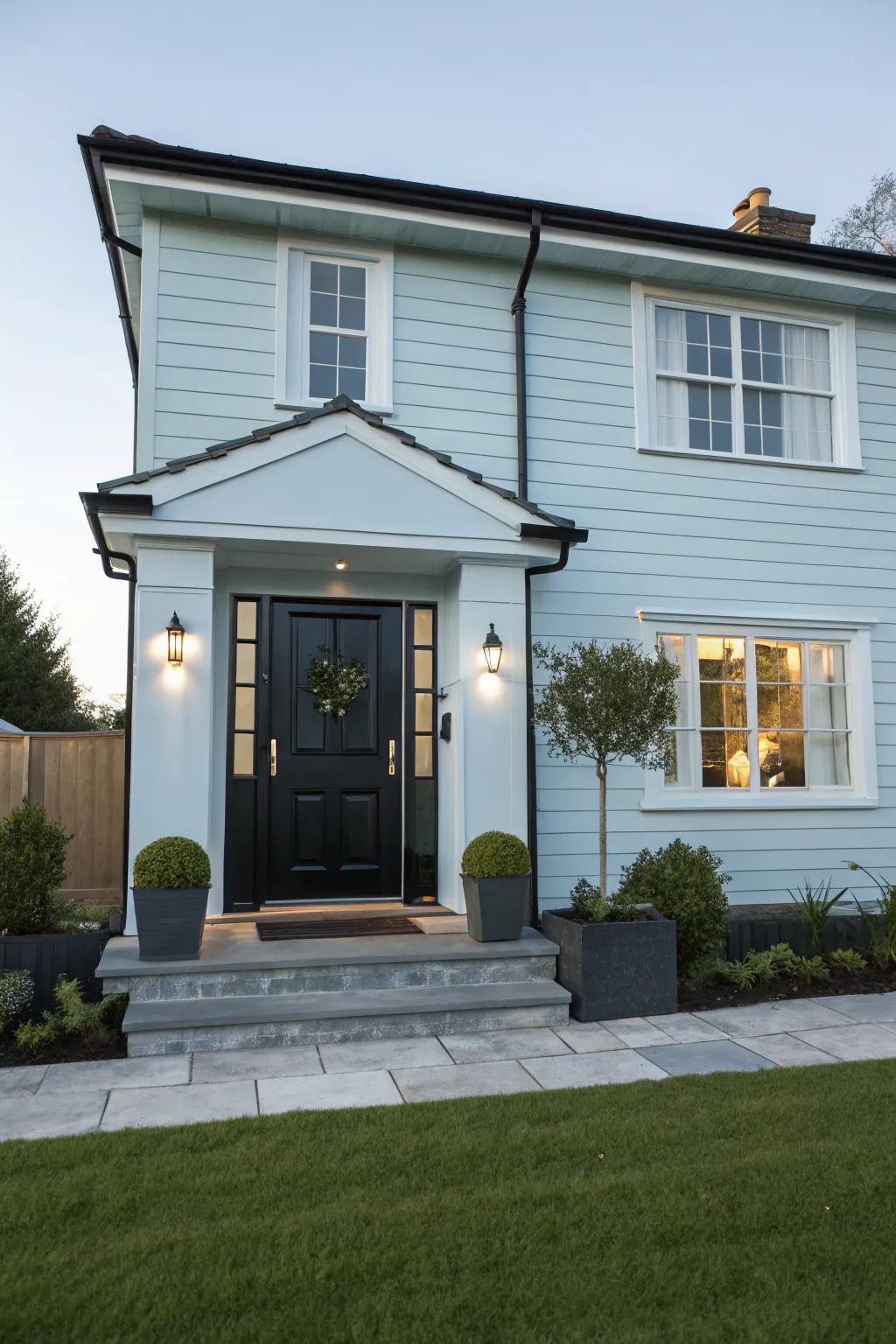 A black door offers sleek sophistication.