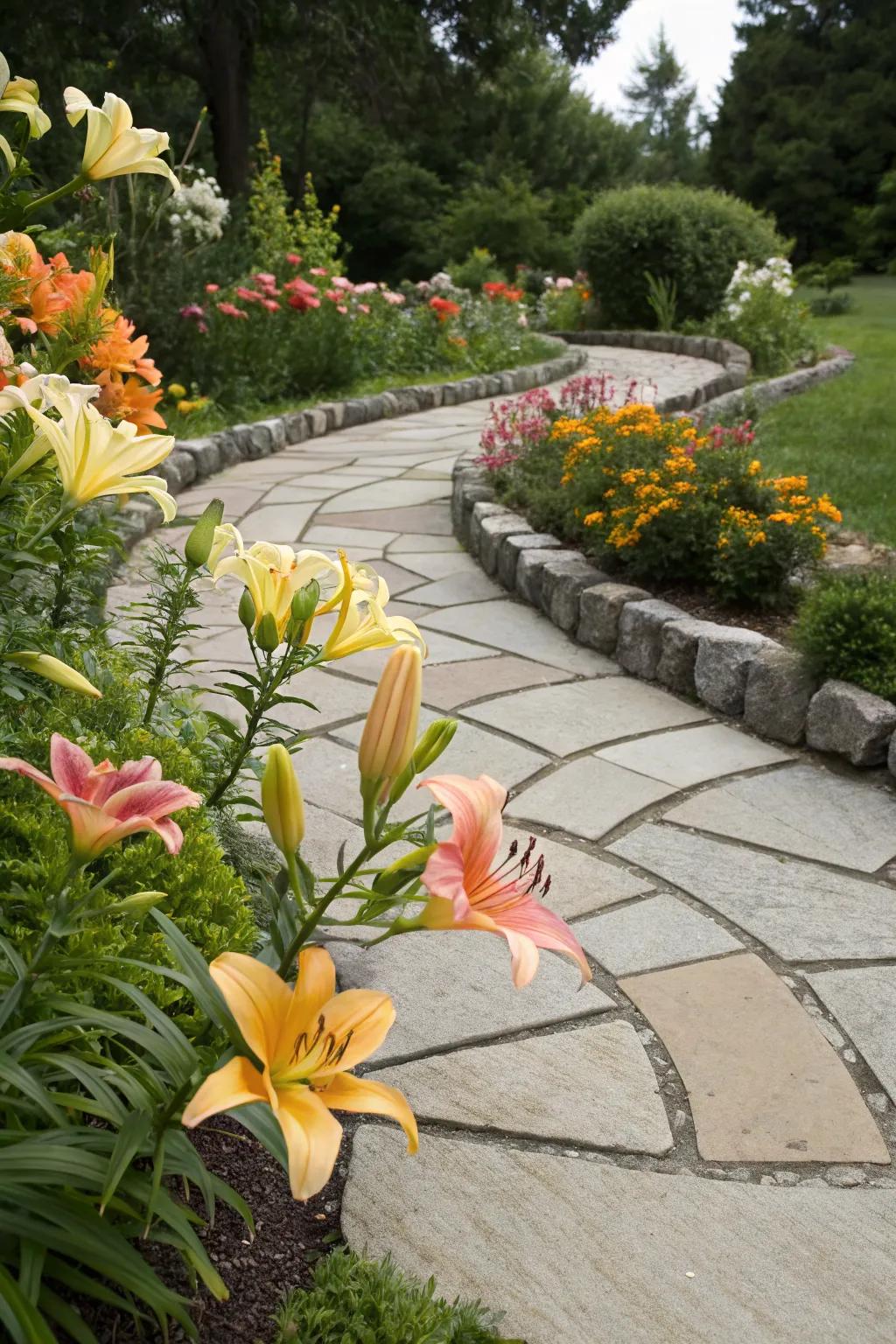 Pathways and borders framing the lily bed.