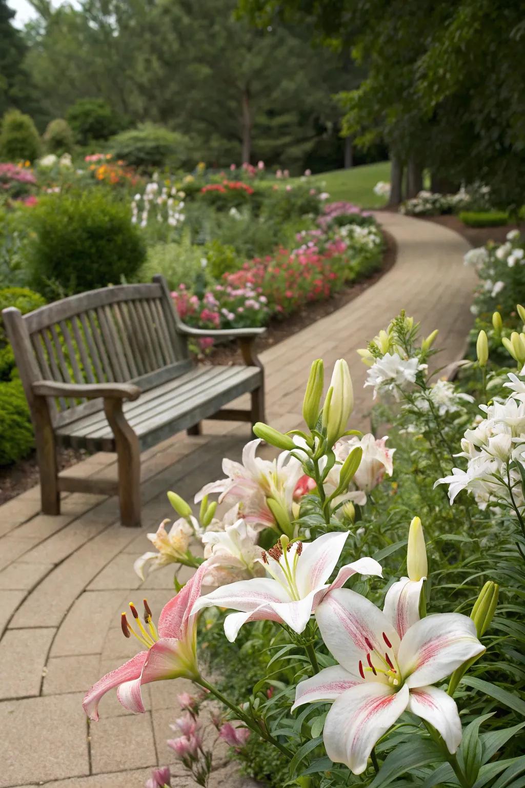 A garden bench among lilies adds charm and function