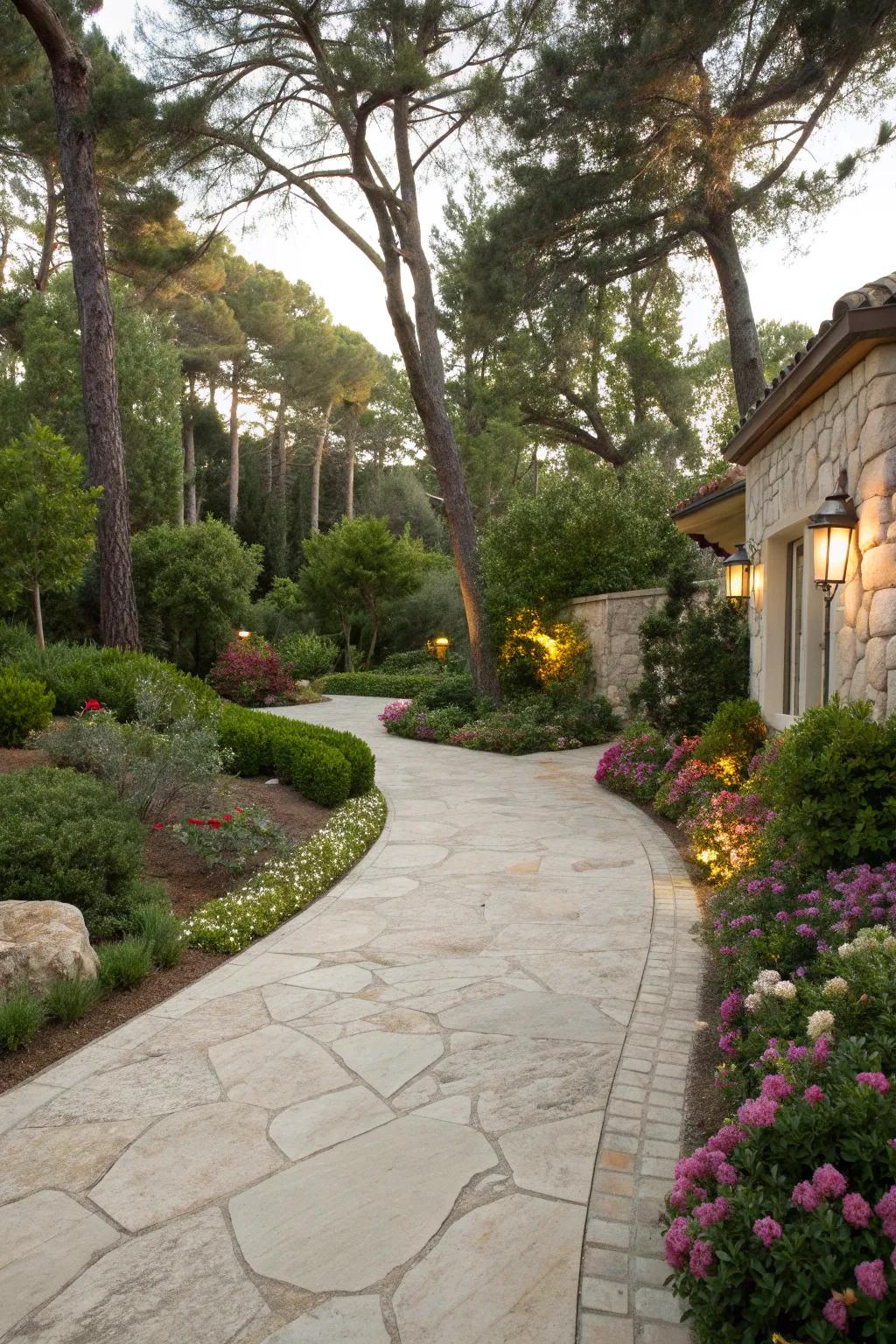A driveway beautifully blended with lush garden landscaping.