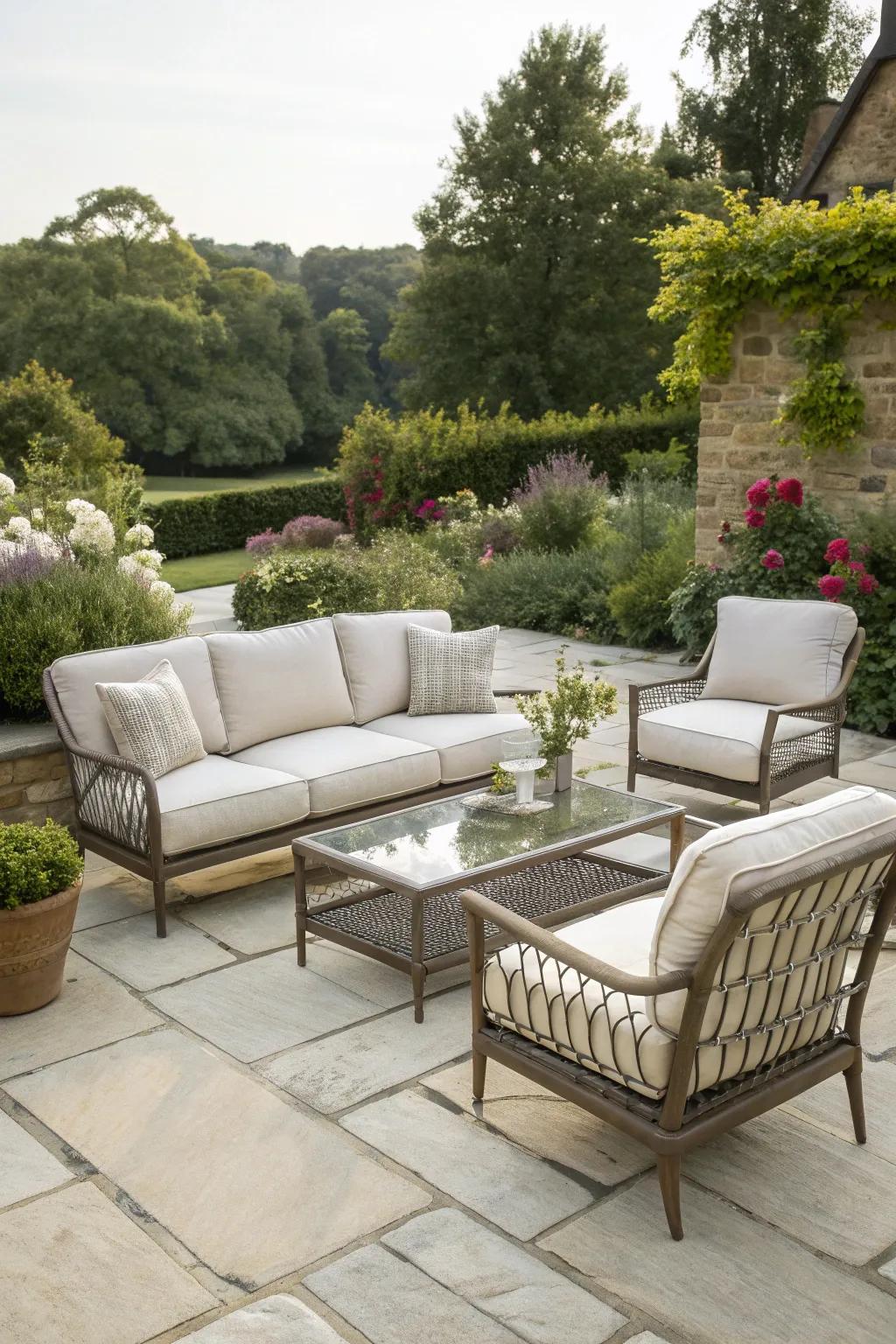 Elegant furniture enhances the beauty and functionality of a limestone patio.