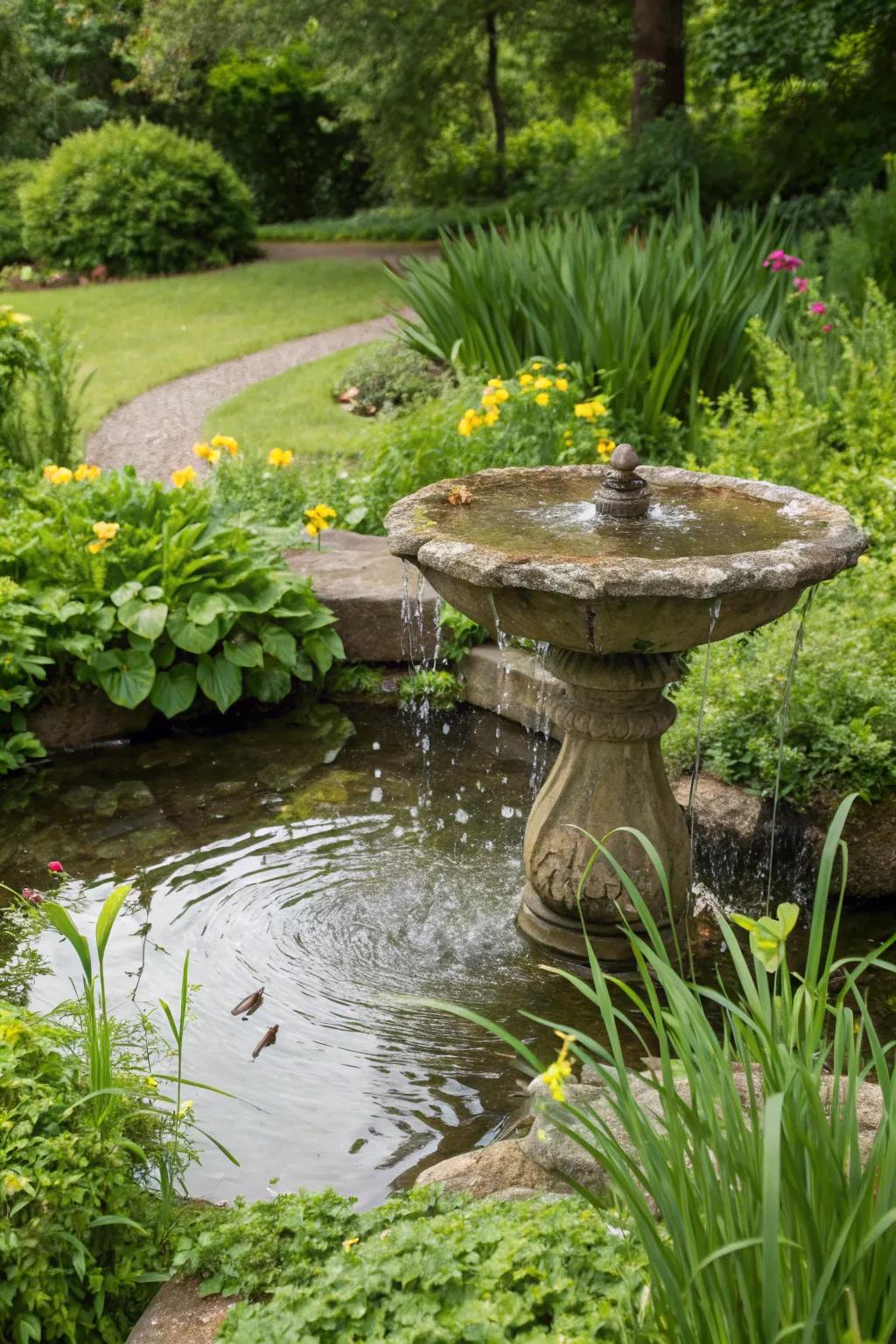 A limestone water feature brings peace and tranquility to your garden.