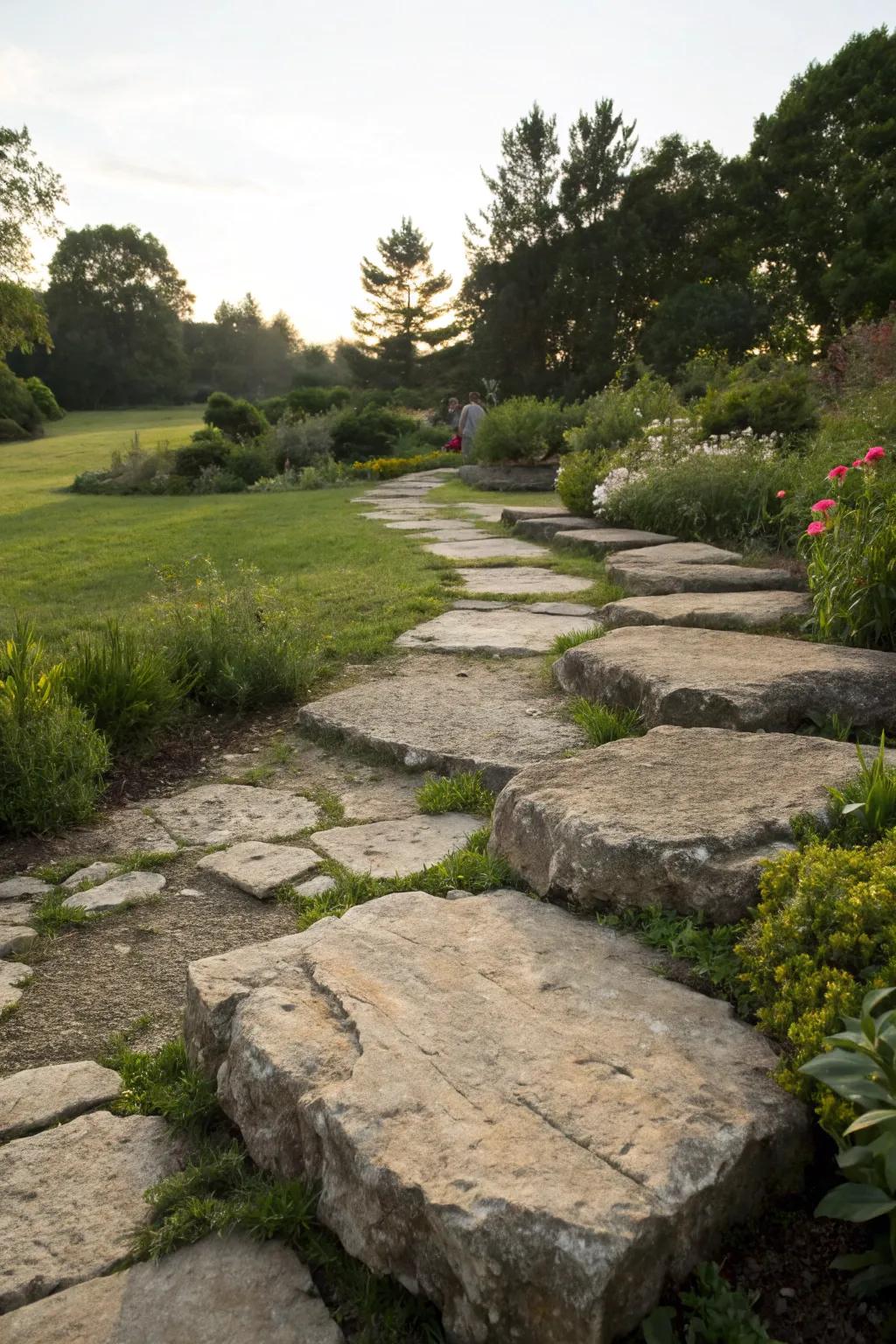 Irregular limestone stepping stones creating a rustic path.