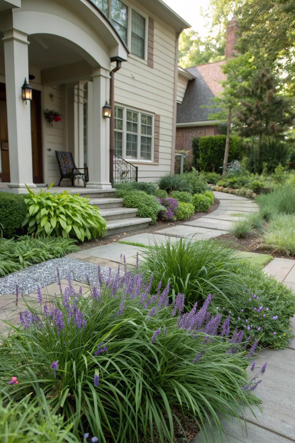 Liriope enhancing the curb appeal of a front yard with its vibrant presence.