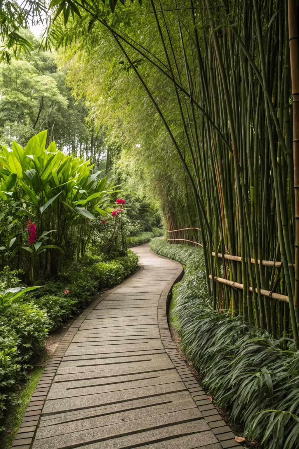 A picturesque garden pathway bordered by bamboo, creating a lush and inviting atmosphere.