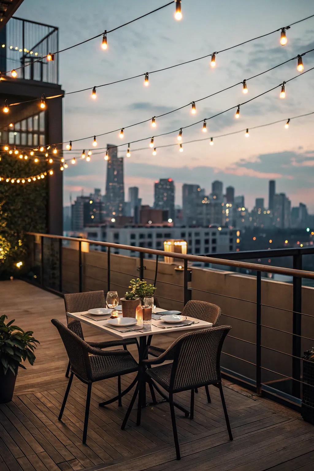 Host delightful dinners on your loft balcony with a simple dining setup.