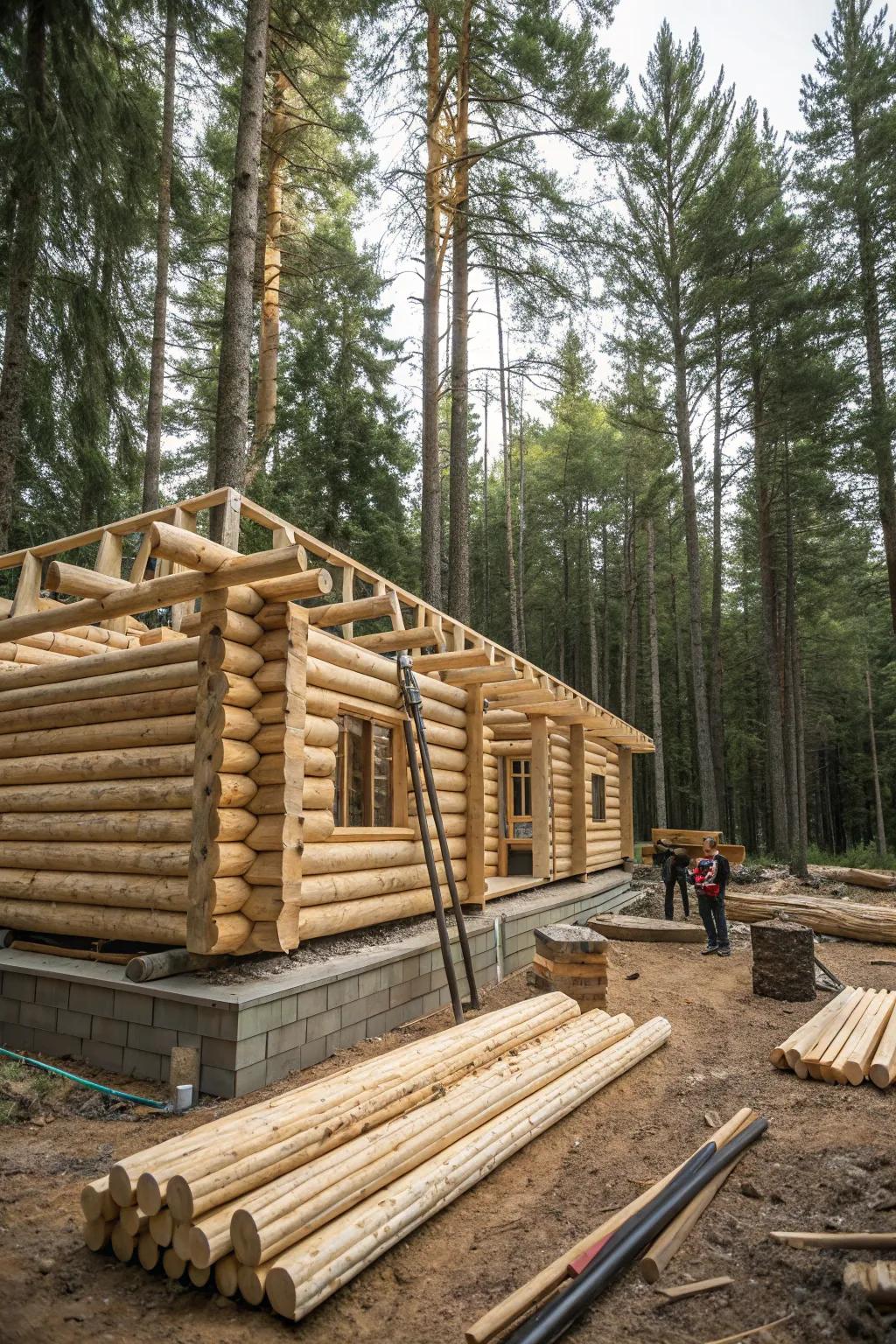 The framework of a log cabin base taking shape amidst nature.