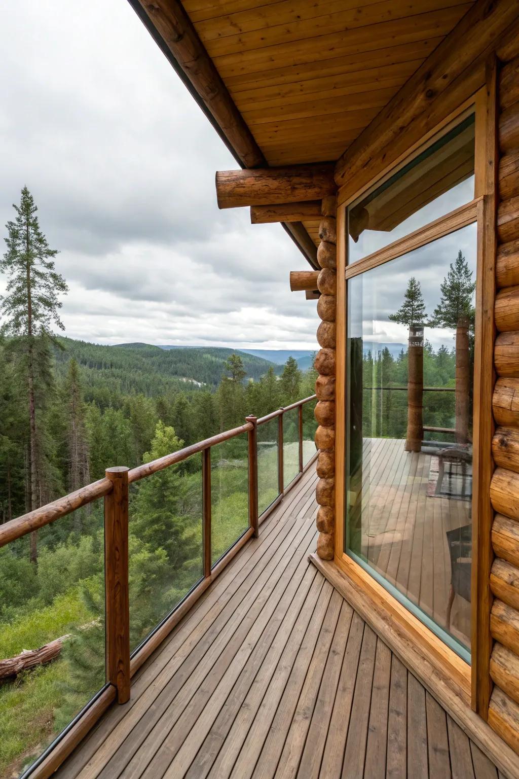Glass panels between wooden posts offer unobstructed views of the surrounding landscape.