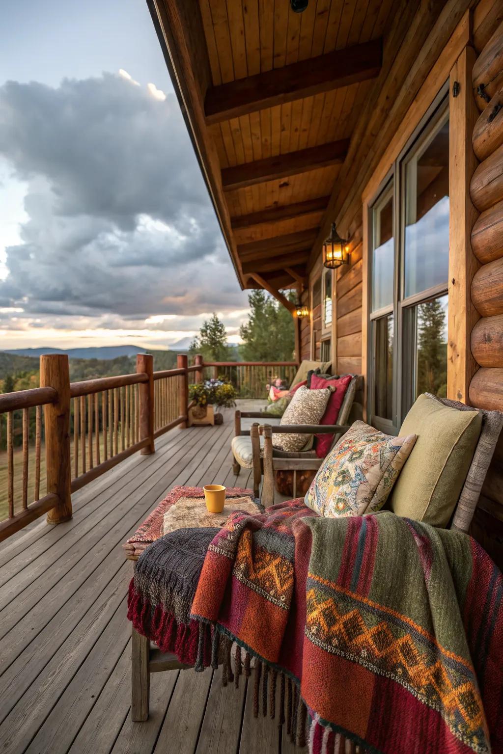 Throw pillows and blankets add a cozy touch to porch seating.
