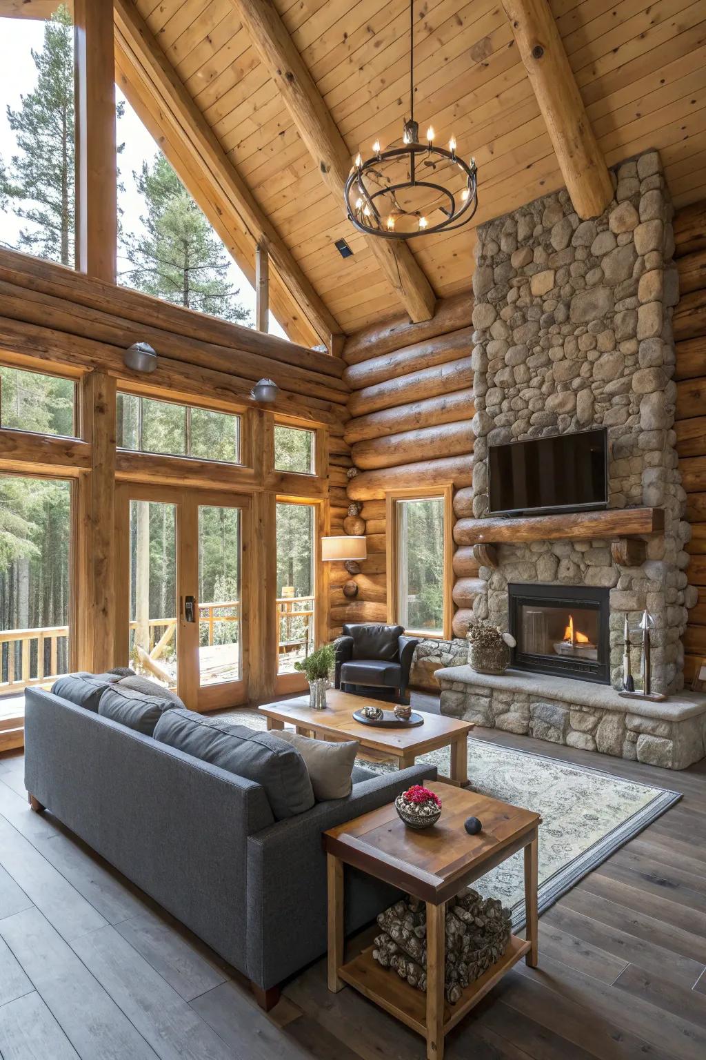 A stylish log cabin interior blending rustic and modern aesthetics.