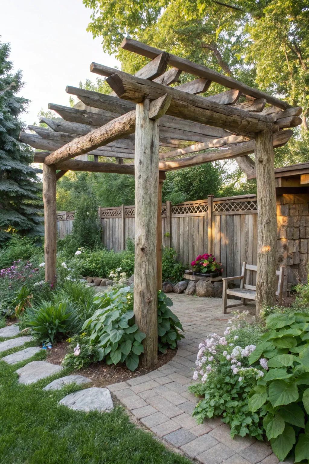 An eco-friendly pergola crafted from reclaimed wood.