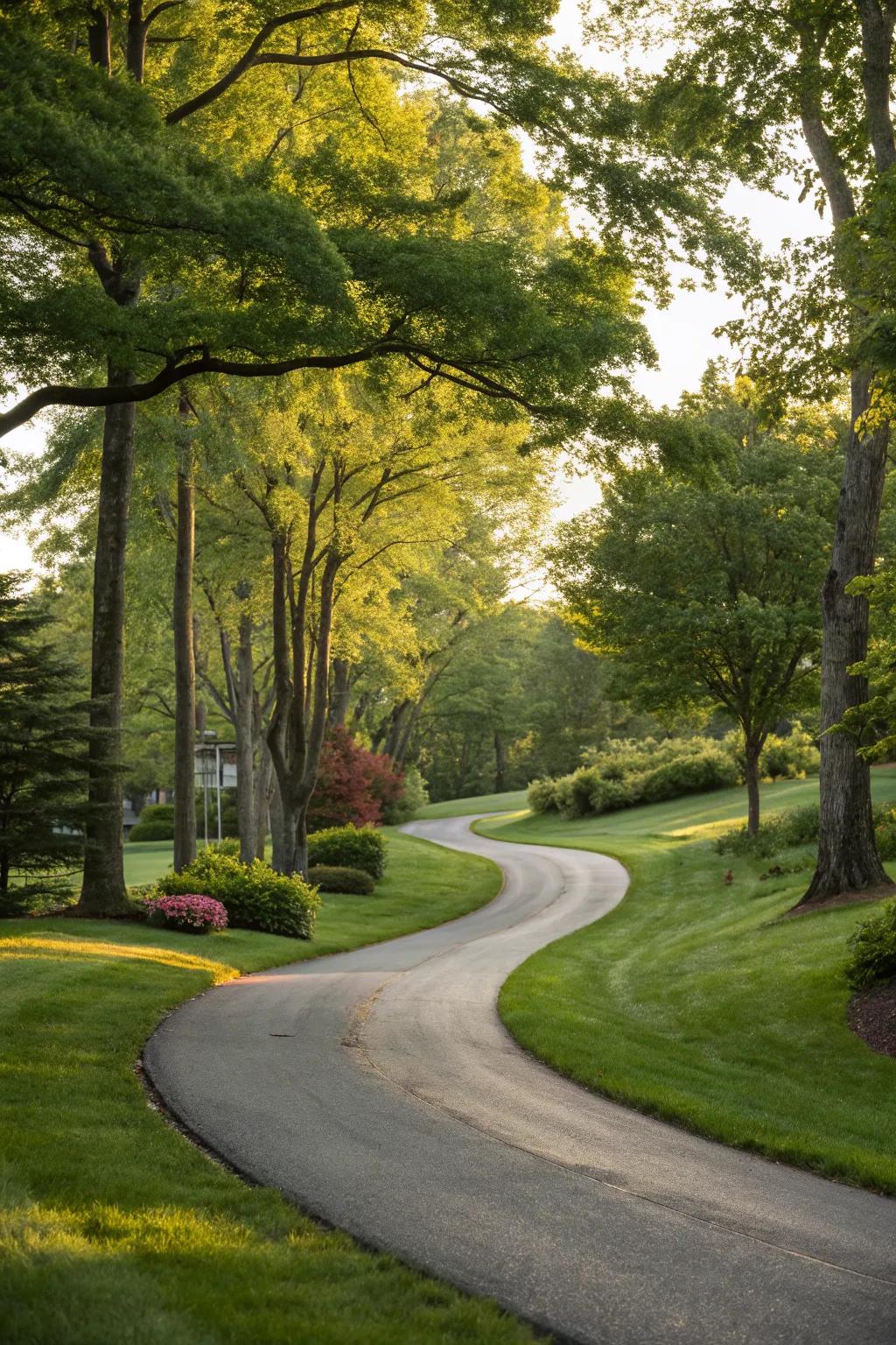 A curved driveway that adds elegance and intrigue