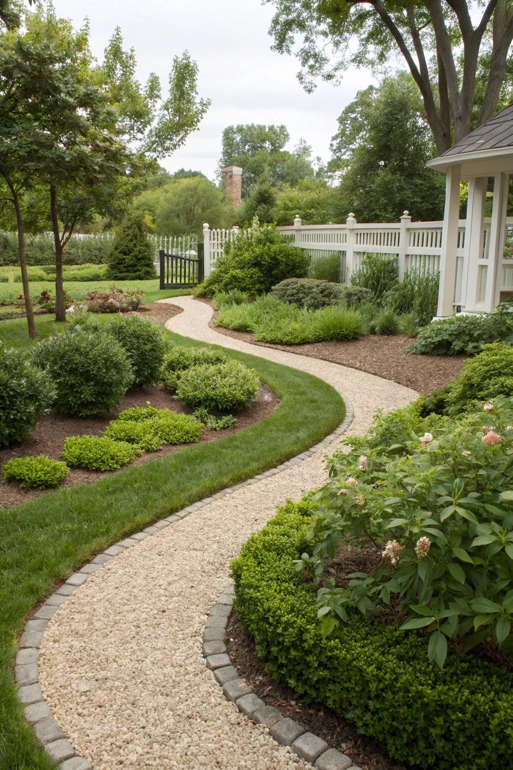 Gravel pathways offering structure and style in a low-maintenance front yard.