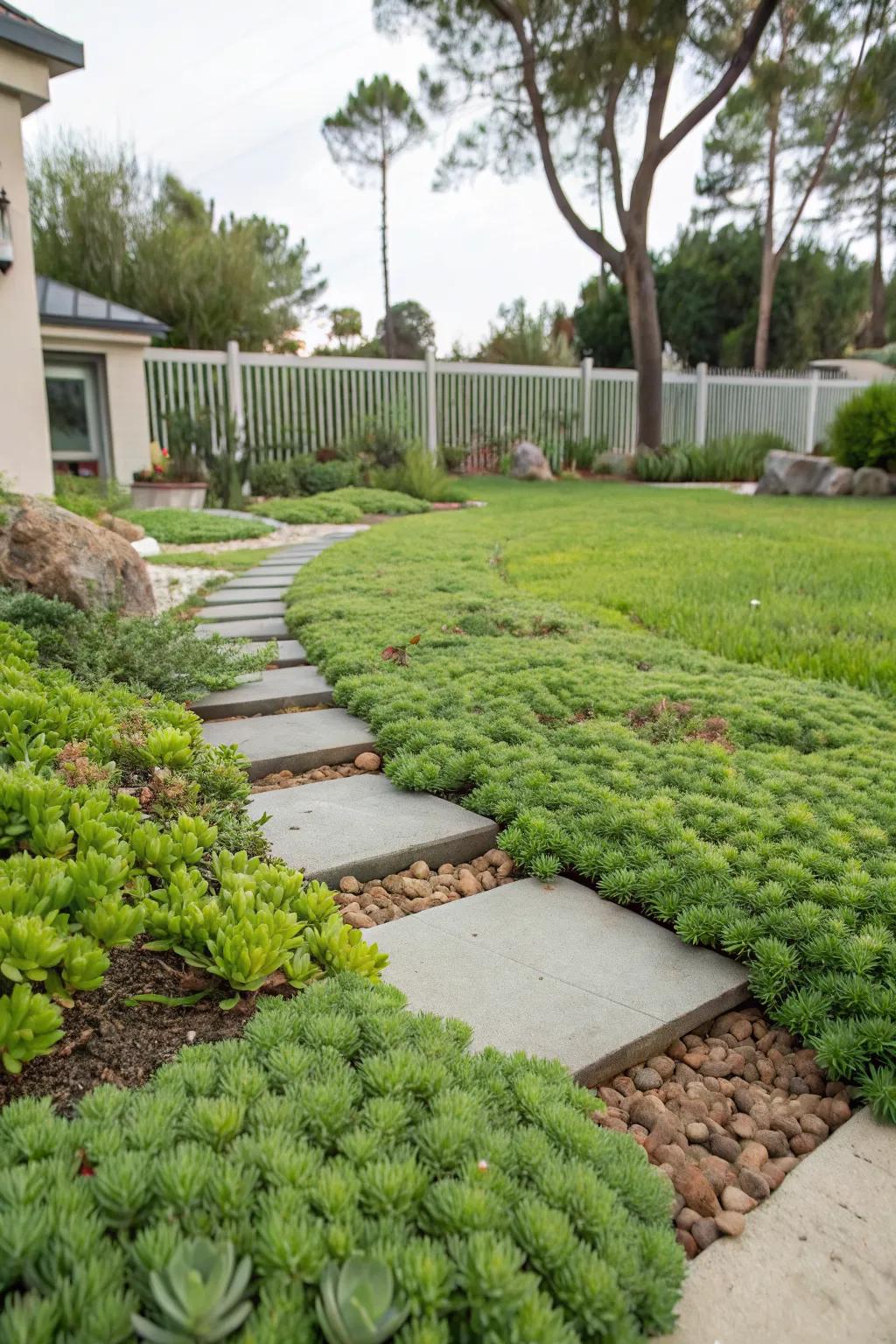 A succulent ground cover is a water-wise alternative to traditional grass.