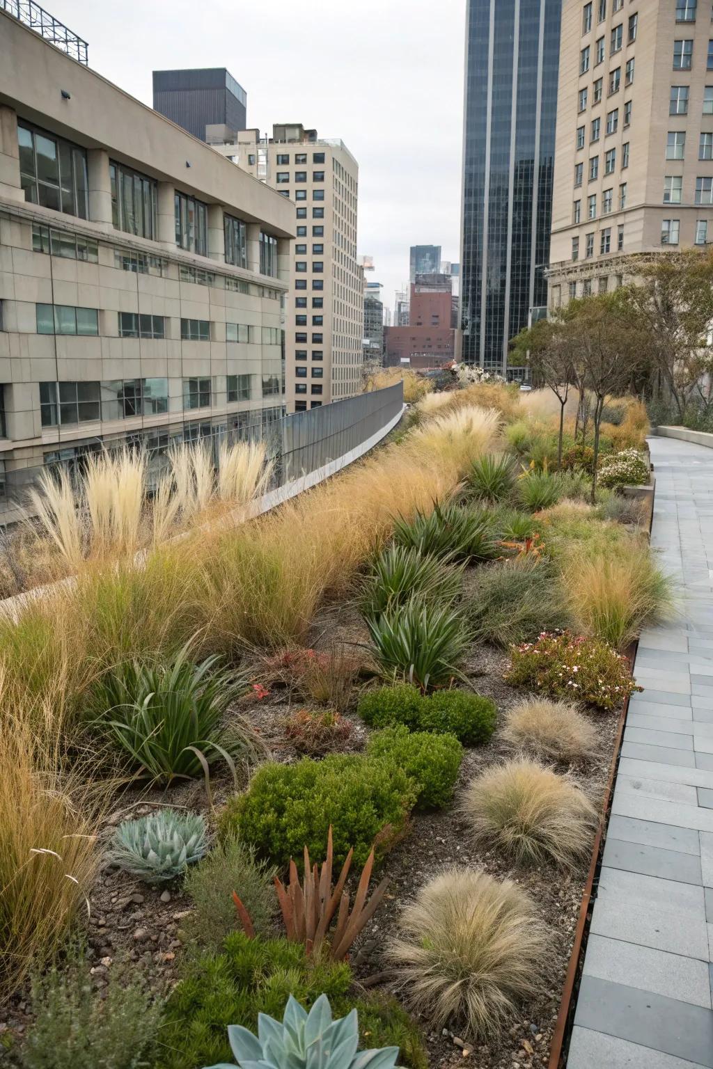Mixed textures of soft grasses and spiky succulents create an engaging visual contrast.