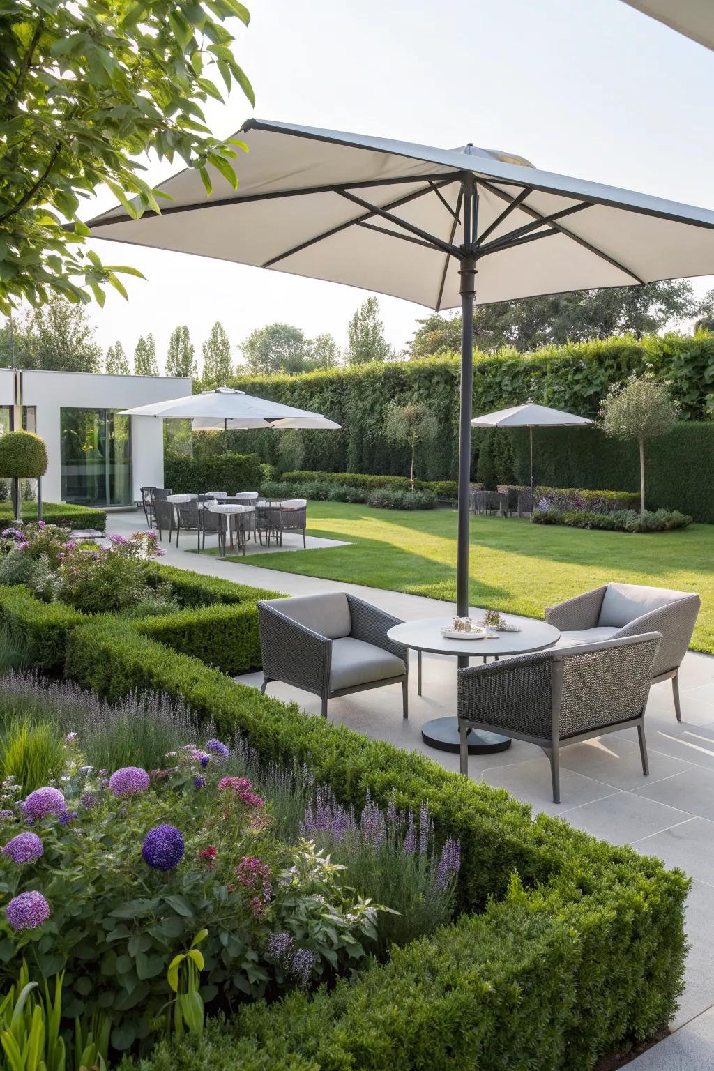 Contemporary outdoor seating in a modern garden setting.
