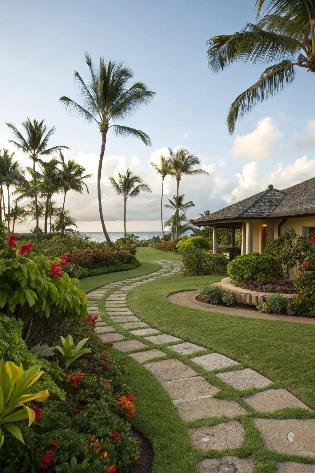 Curved stone pathways add elegance and ease of access to a tropical front yard.