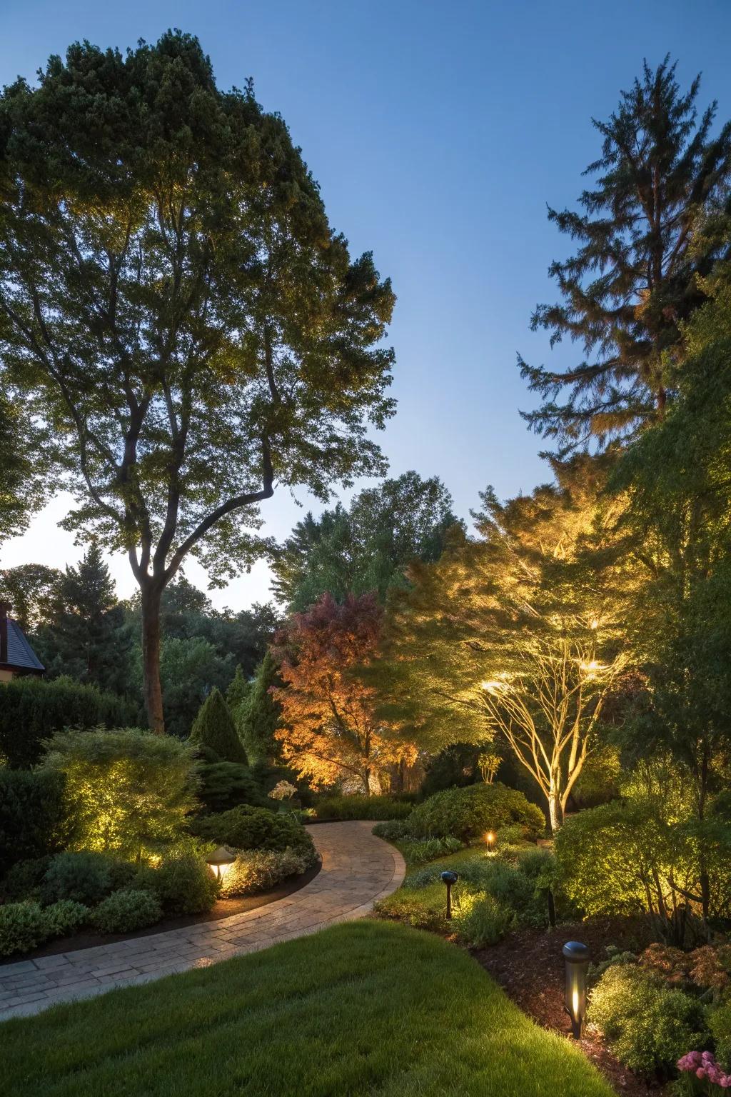 Uplighting turns trees into nighttime sculptures.