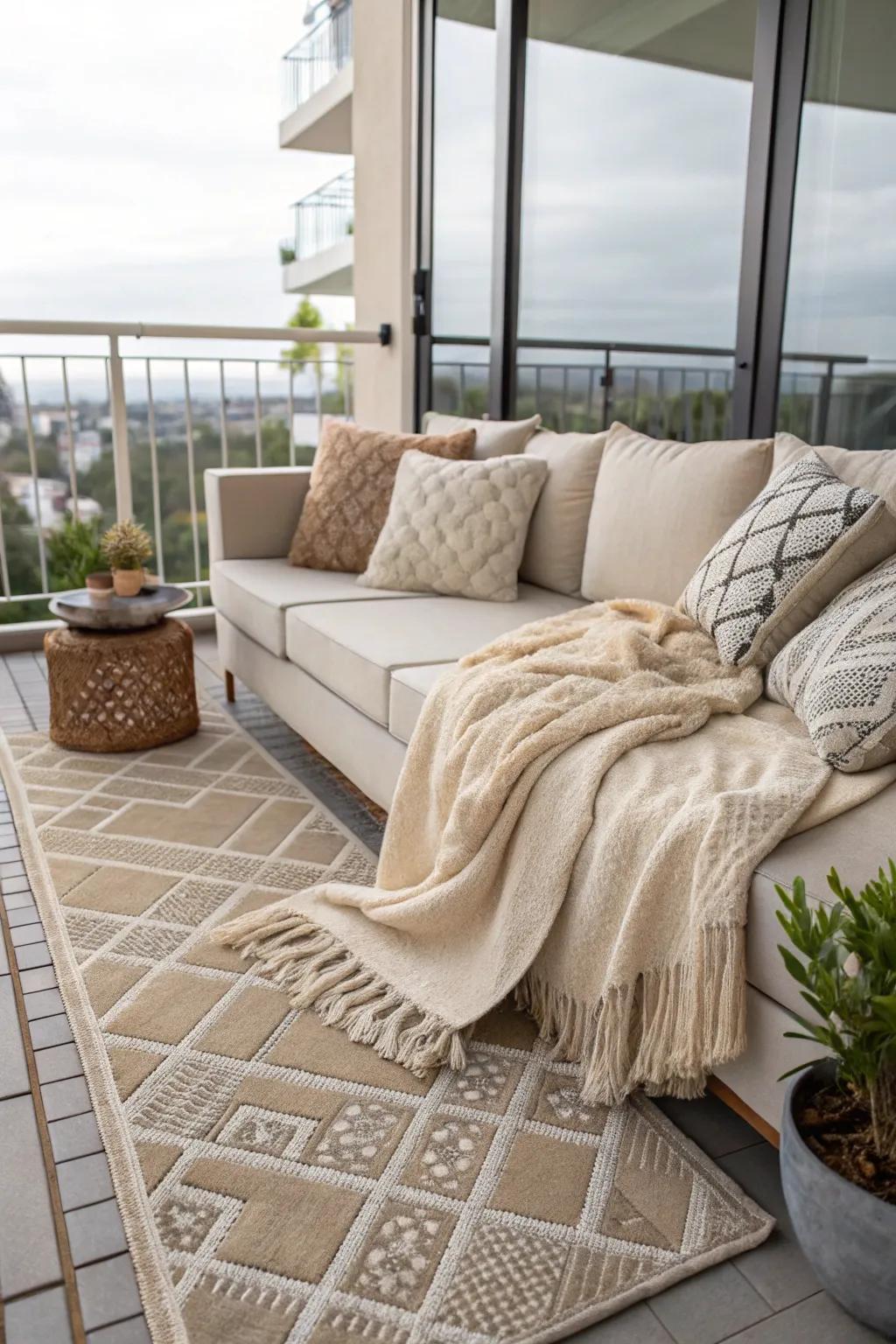 Rich textures elevate the comfort and luxury of your balcony.