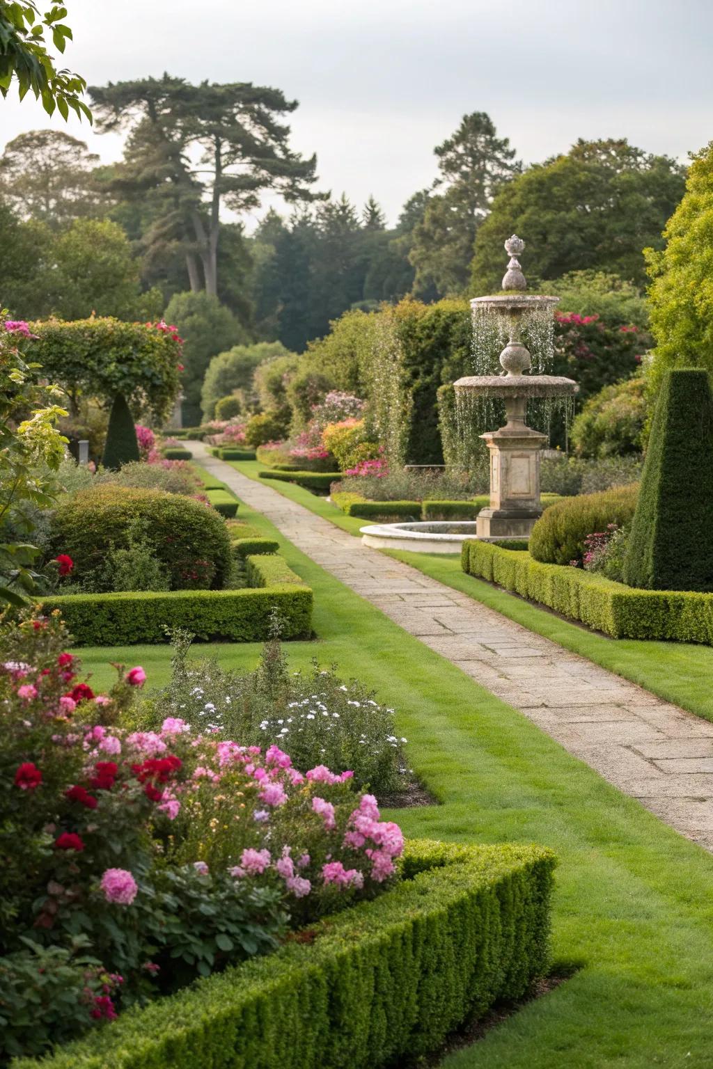 An elegant garden featuring manicured hedges and a lush lawn.