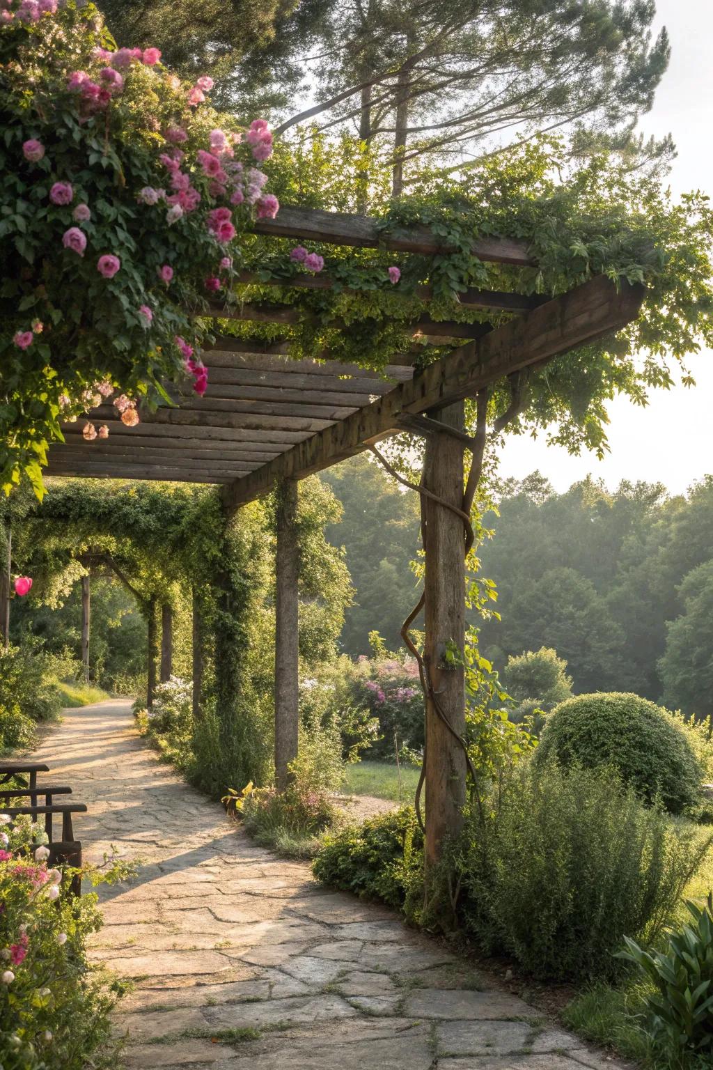 A pergola seamlessly integrated with natural surroundings creates a harmonious retreat.