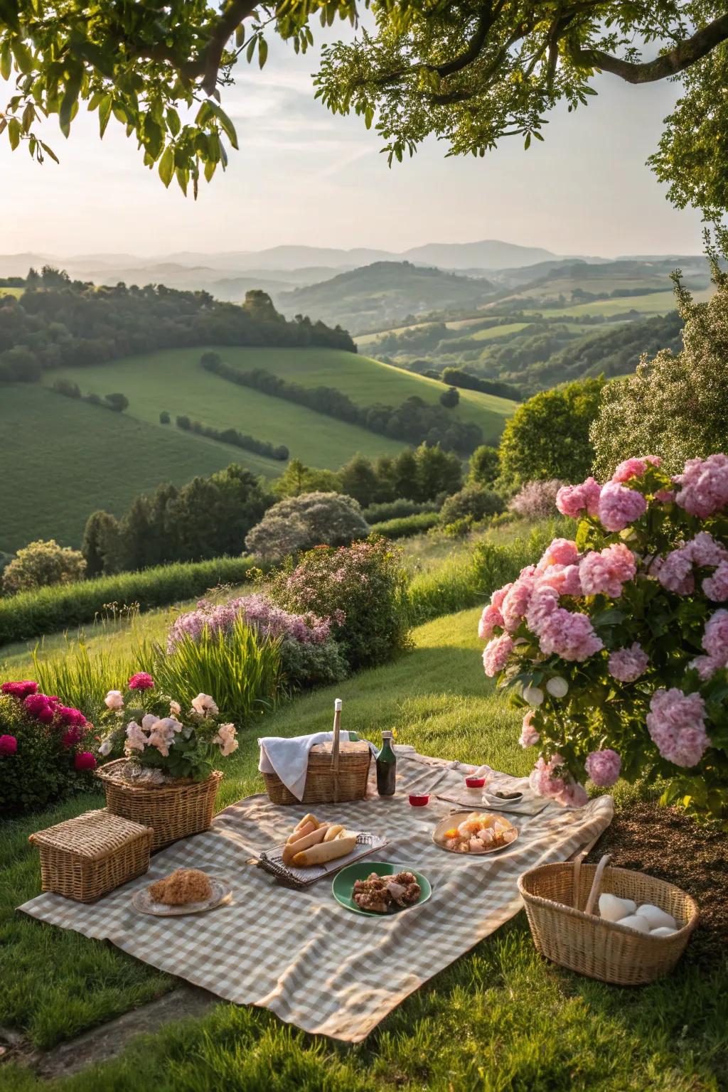 A picnic with a stunning garden view.
