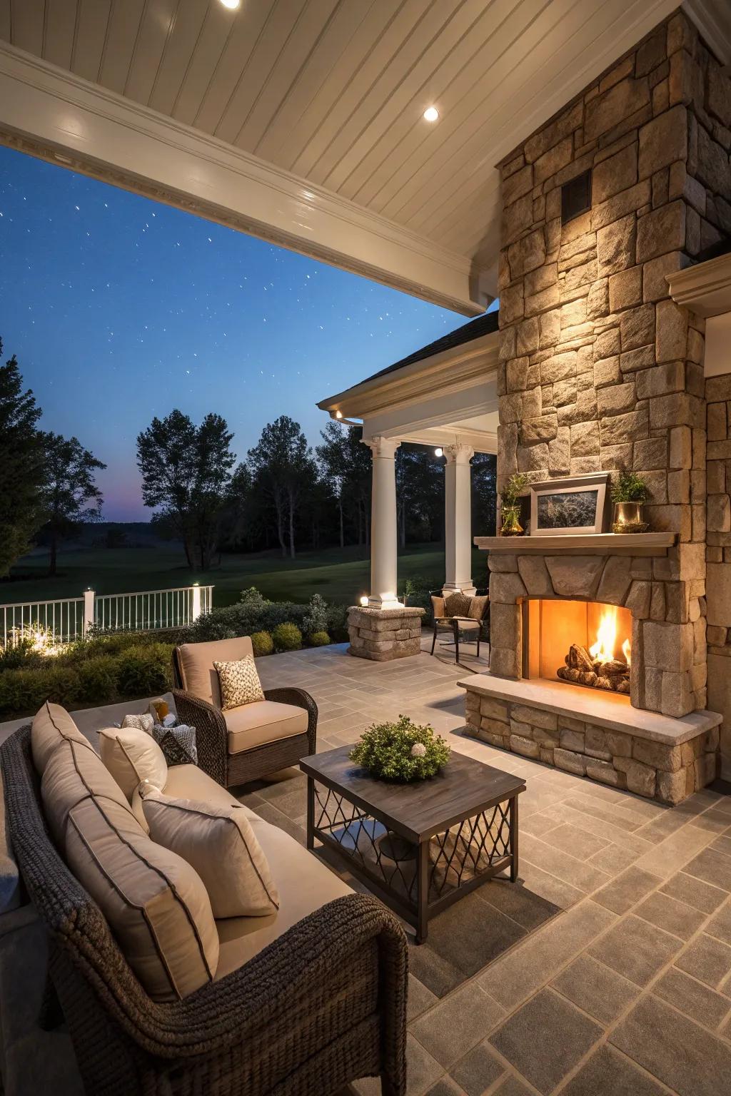 Gather around a cozy fire feature for warmth and ambiance on your luxury porch.