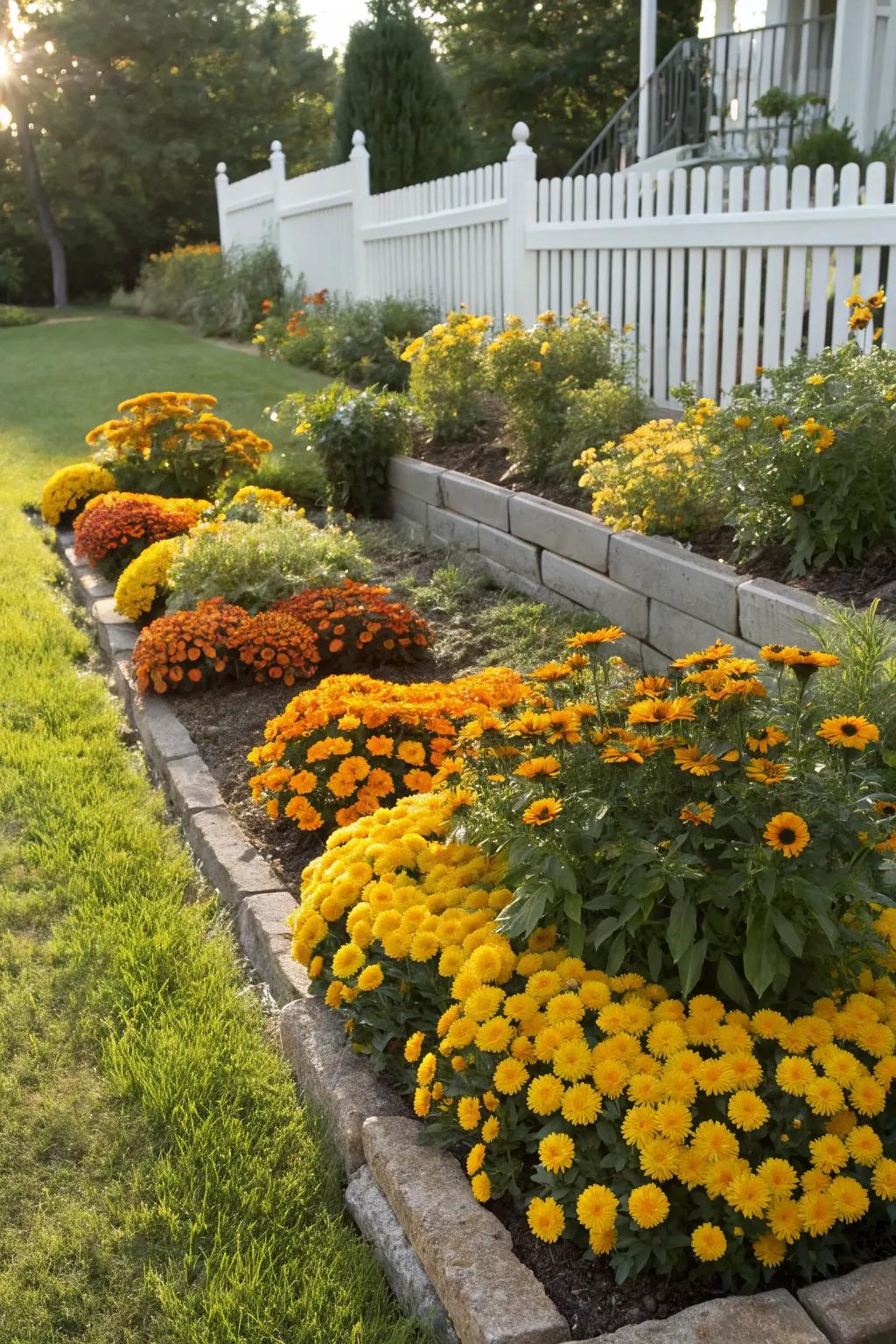 Layered marigolds and sunflowers creating depth in the garden.