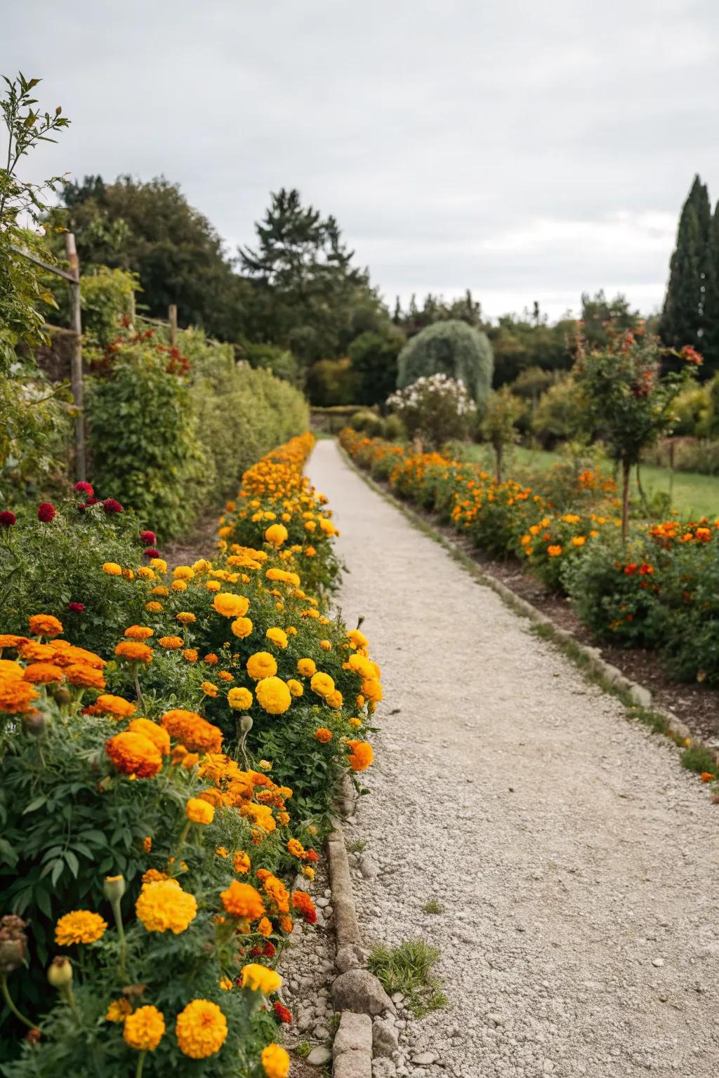 Cheerful marigolds line a garden path with vibrant color.