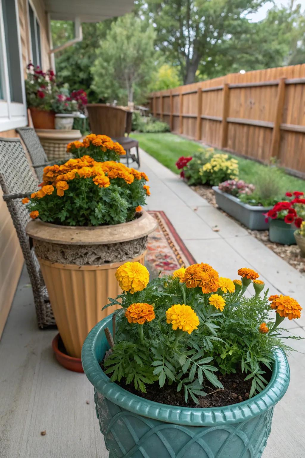 Marigolds thriving in decorative containers on a patio.