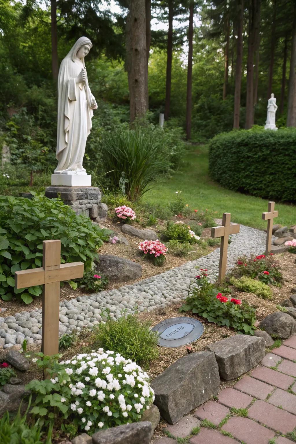 Religious symbols add depth and meaning to a Mary garden.