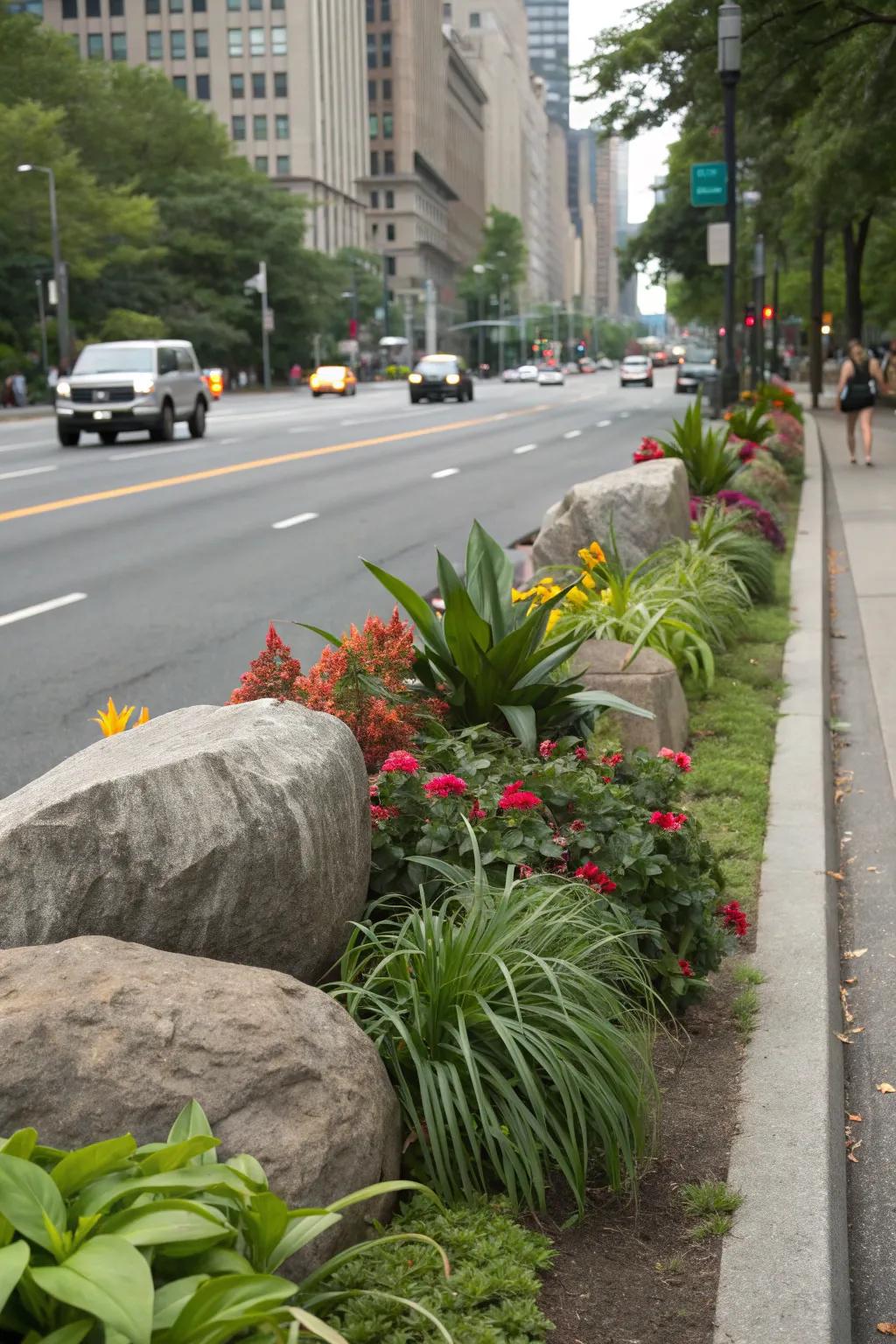 Boulders add texture and interest to median landscapes.