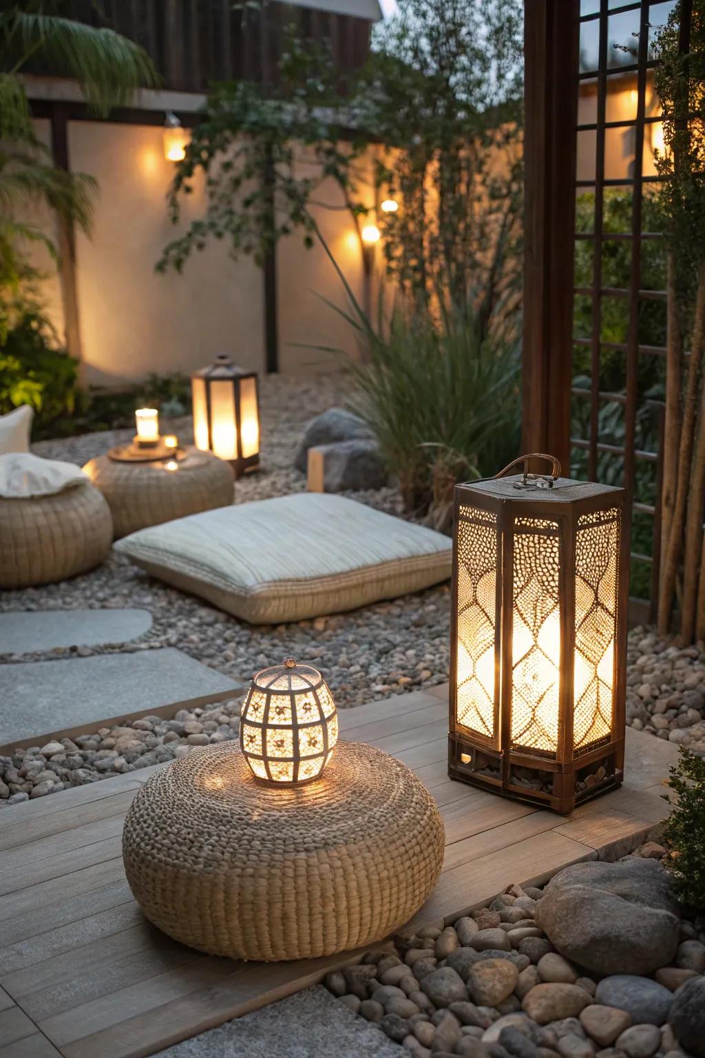 A meditation patio featuring decorative lanterns and woven accents.