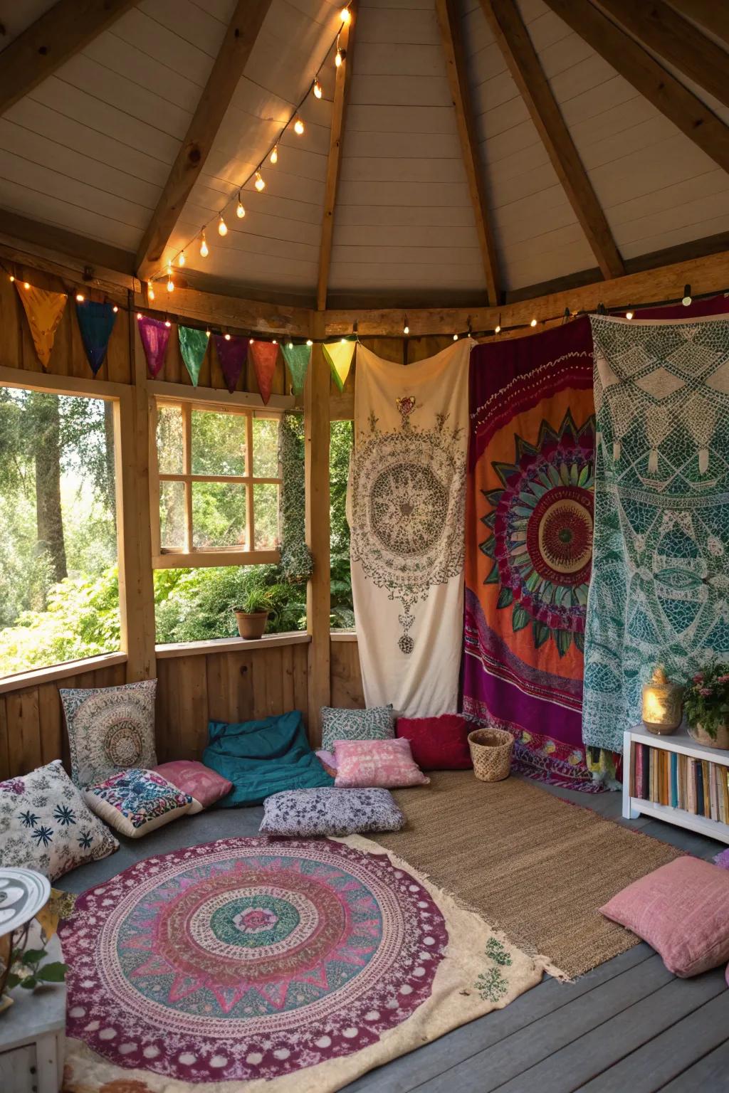 A bohemian-style meditation shed full of vibrant textiles.