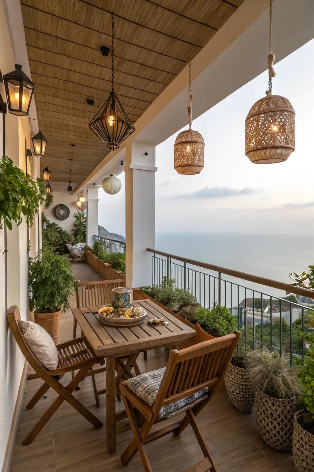 Wooden elements bring an earthy, natural vibe to this charming Mediterranean balcony.