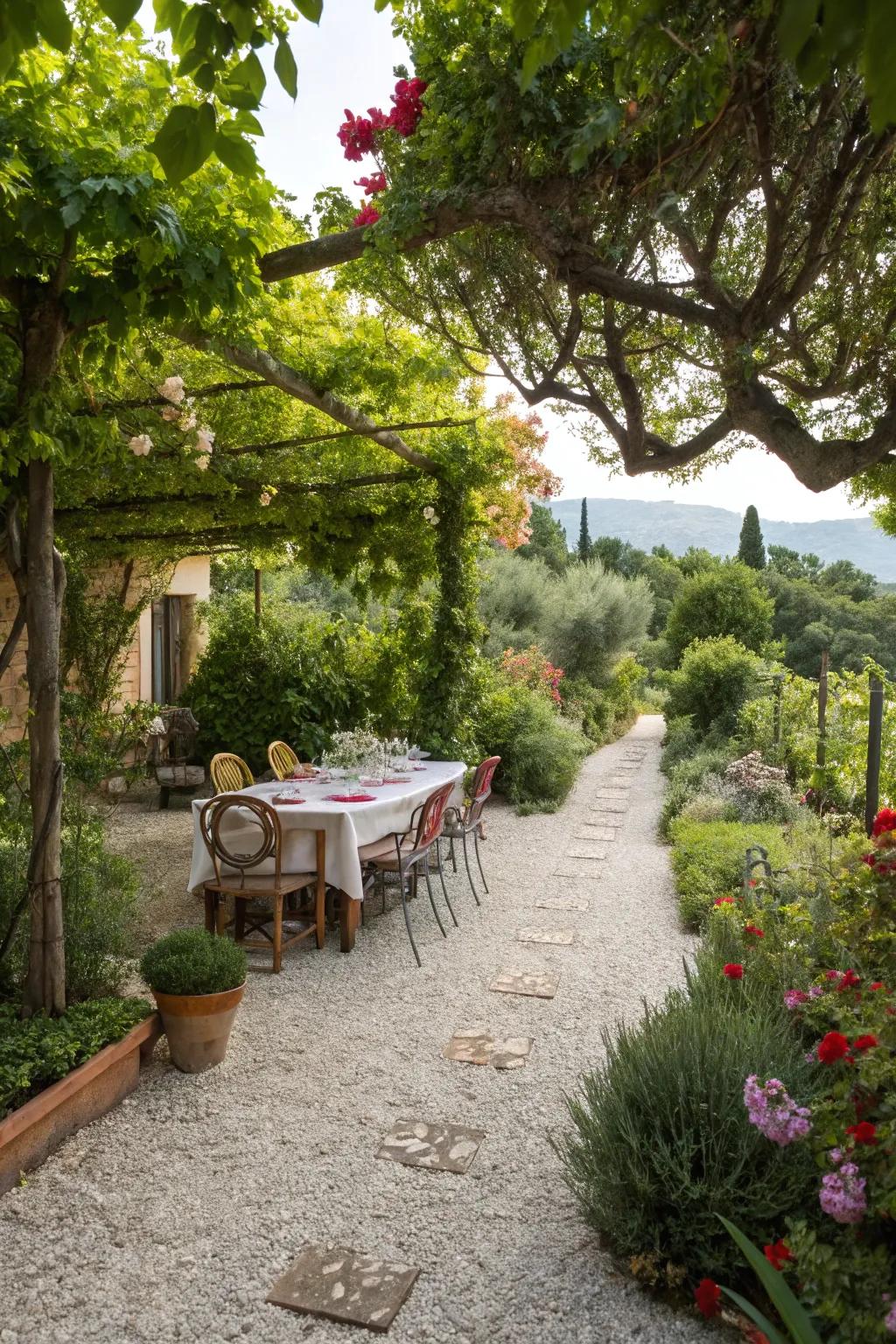 Gravel flooring offers a practical and stylish solution for Mediterranean gardens.