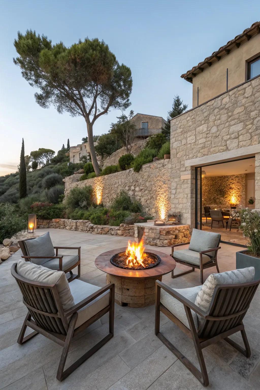 A fire pit brings warmth to cool Mediterranean evenings.